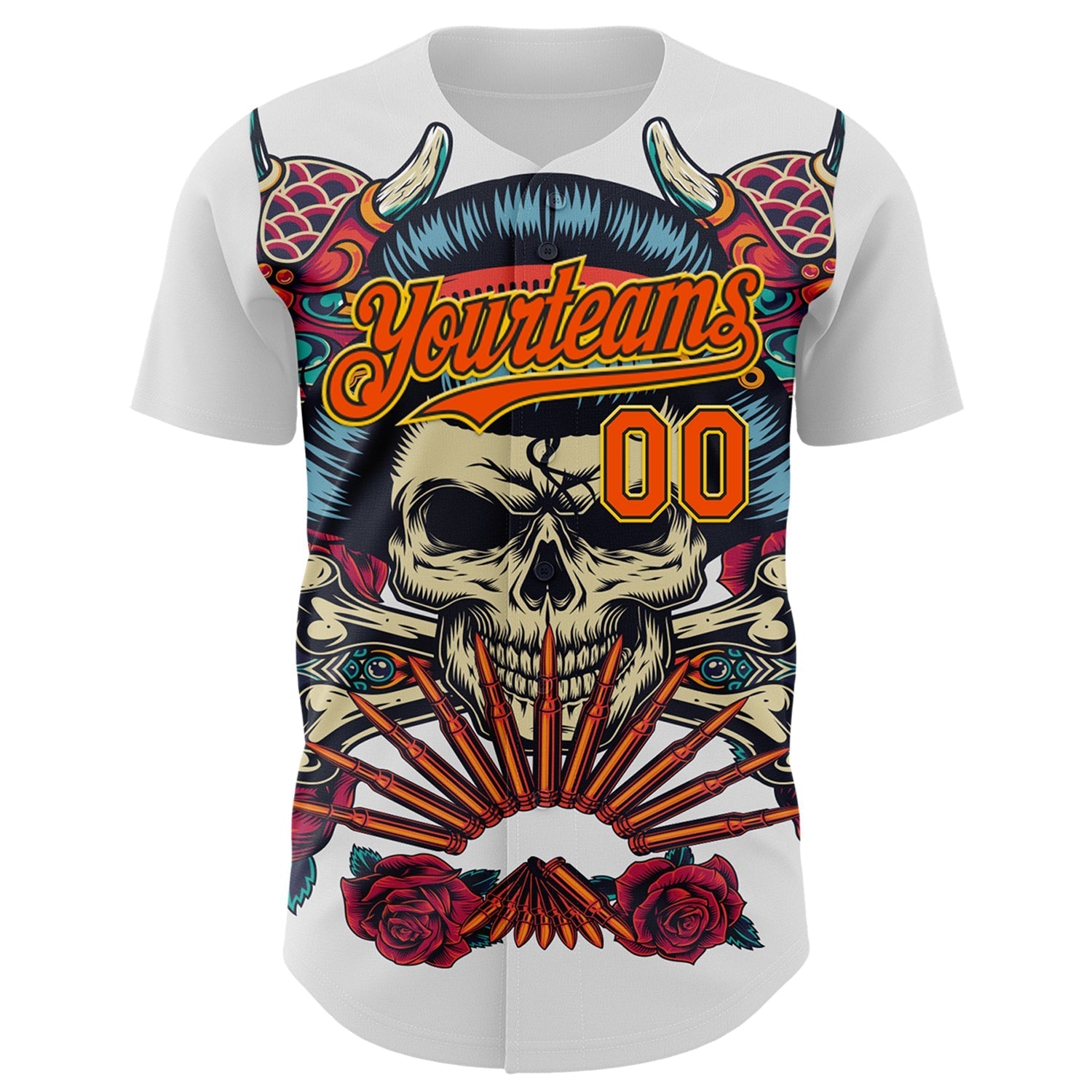 Custom White Orange Black-Yellow 3D Pattern Design Rave Party Vintage Geisha Skull Authentic Baseball Jersey baseball jersey product view 2