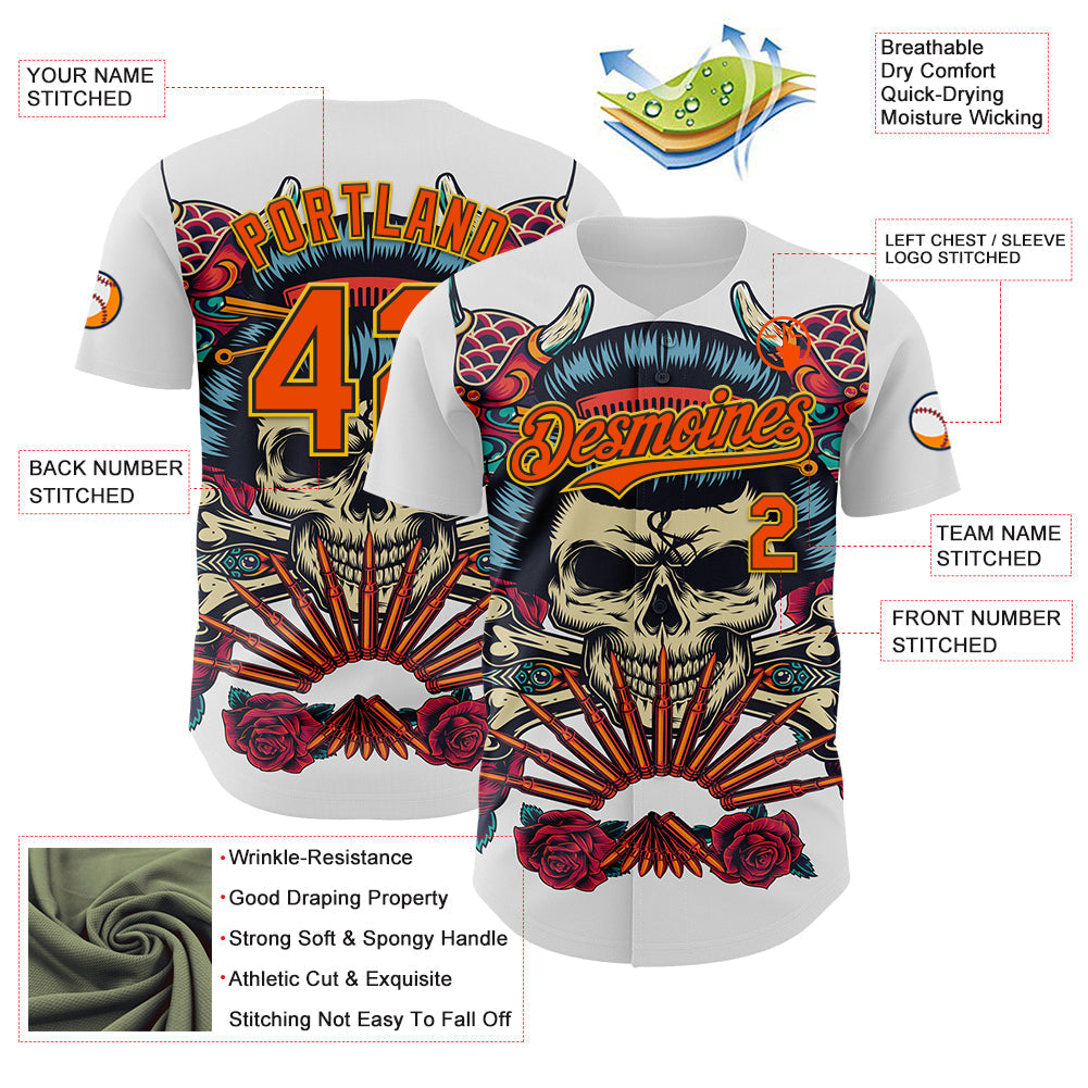 Custom White Orange Black-Yellow 3D Pattern Design Rave Party Vintage Geisha Skull Authentic Baseball Jersey baseball jersey product view 3