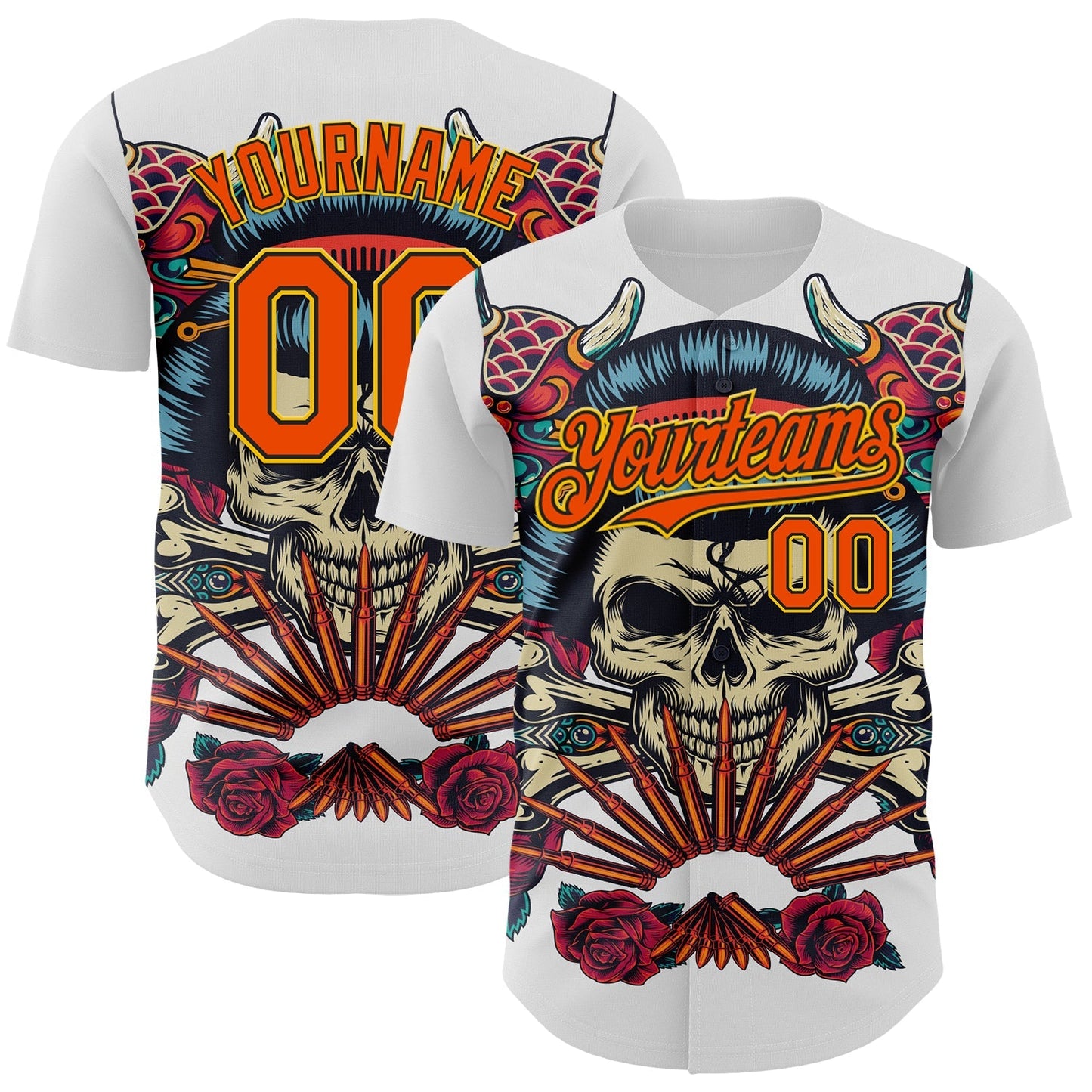 Custom White Orange Black-Yellow 3D Pattern Design Rave Party Vintage Geisha Skull Authentic Baseball Jersey baseball jersey product view 1