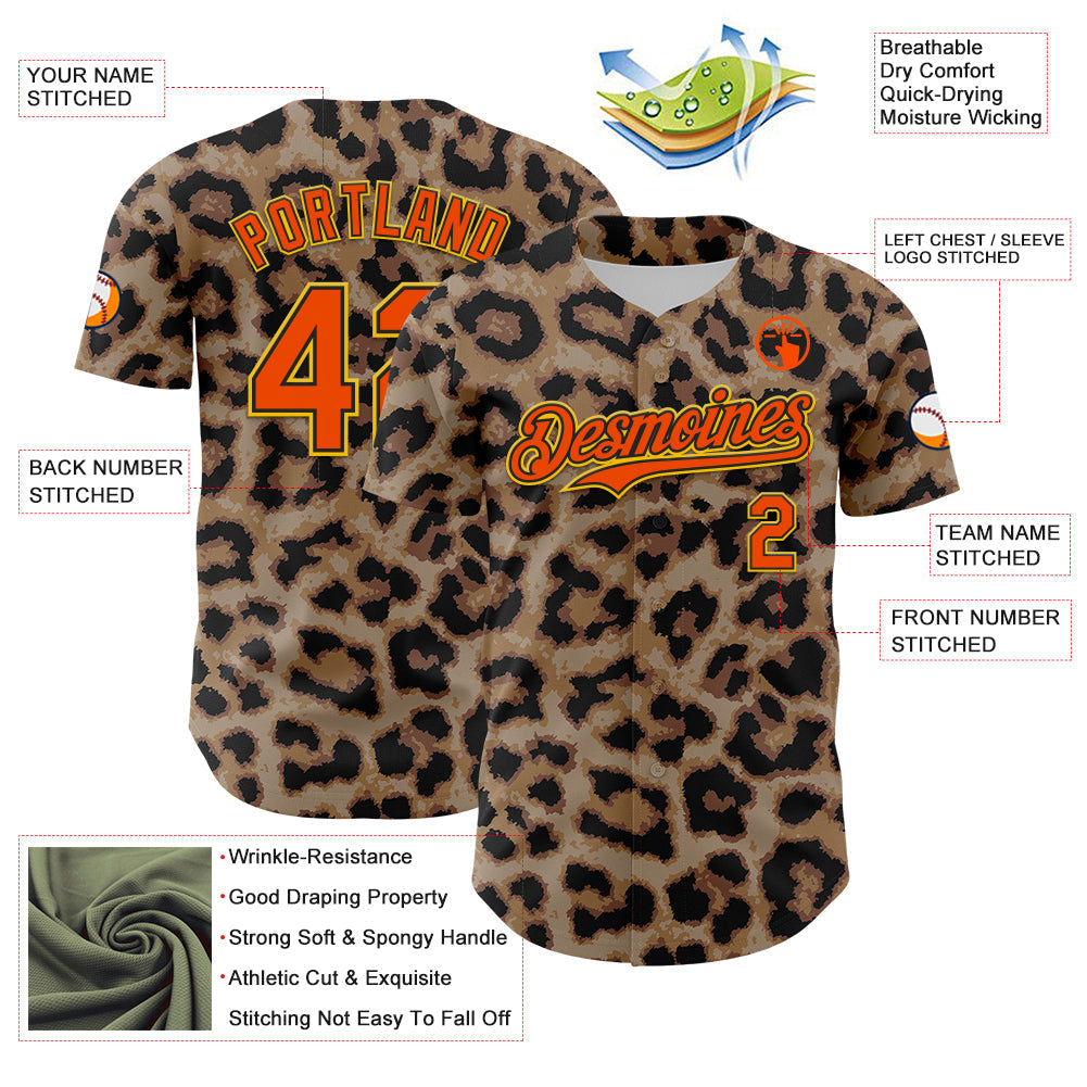 Custom Brown Orange Black-Yellow 3D Pattern Design Rave Party Animal Leopard Print Authentic Baseball Jersey baseball jersey product view 3