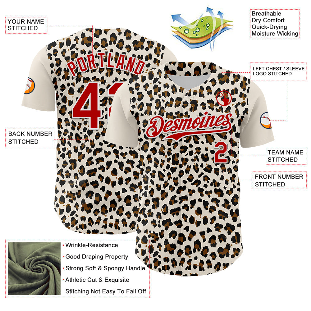 Custom Cream Red-White 3D Pattern Design Rave Party Animal Leopard Print Authentic Baseball Jersey baseball jersey product view 3