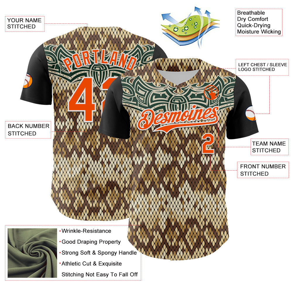 Custom Black Orange-White 3D Pattern Design Rave Party Animal Snake Python Print Authentic Baseball Jersey baseball jersey product view 3
