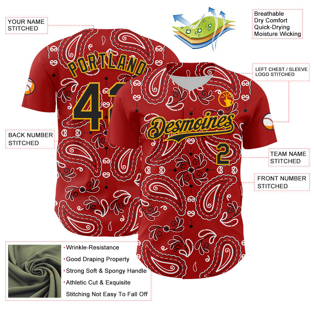 Custom Red Black-Gold 3D Pattern Design Rave Party Paisley Bandana Authentic Baseball Jersey baseball jersey product view 3