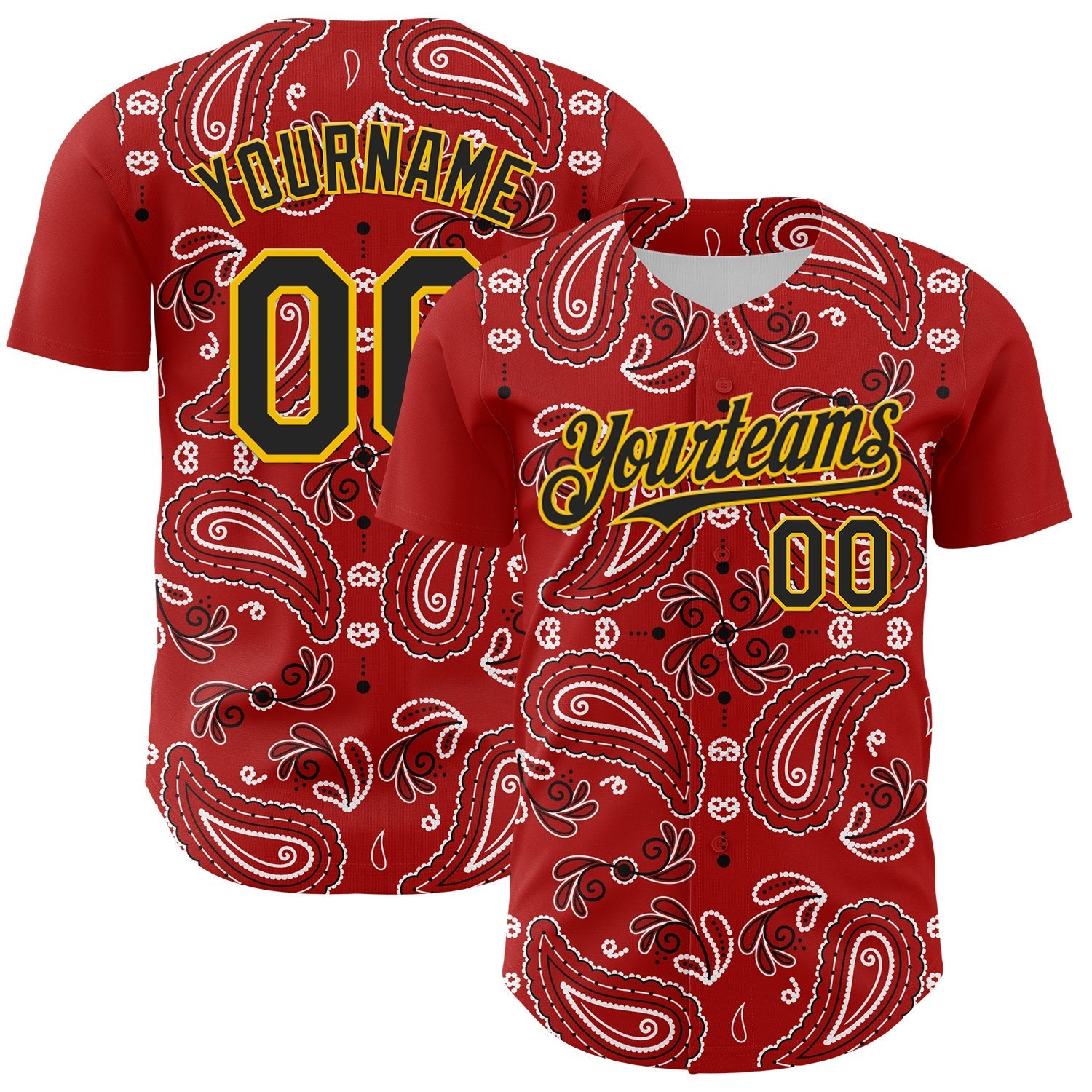 Custom Red Black-Gold 3D Pattern Design Rave Party Paisley Bandana Authentic Baseball Jersey baseball jersey product view 1