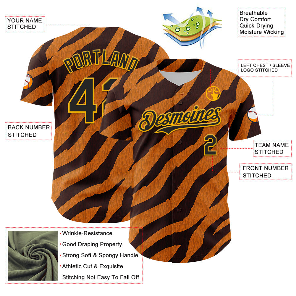 Custom Orange Black-Gold 3D Pattern Design Rave Party Tiger Print Authentic Baseball Jersey baseball jersey product view 3