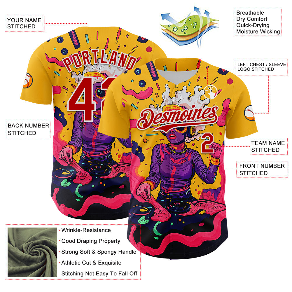 Custom Gold Red-White 3D Pattern Design Rave Party Trippy Disco Authentic Baseball Jersey baseball jersey product view 3