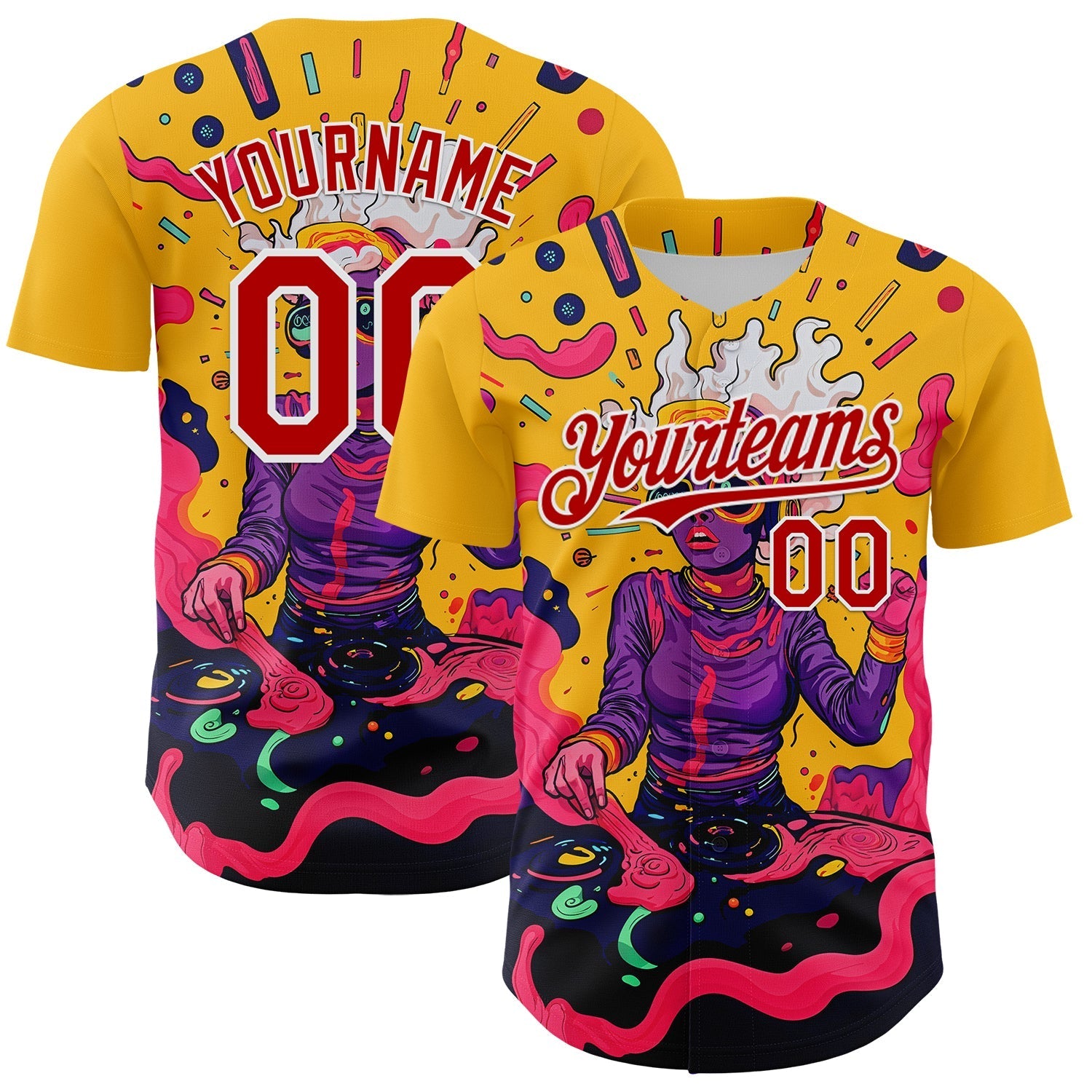 Custom Gold Red-White 3D Pattern Design Rave Party Trippy Disco Authentic Baseball Jersey baseball jersey product view 1