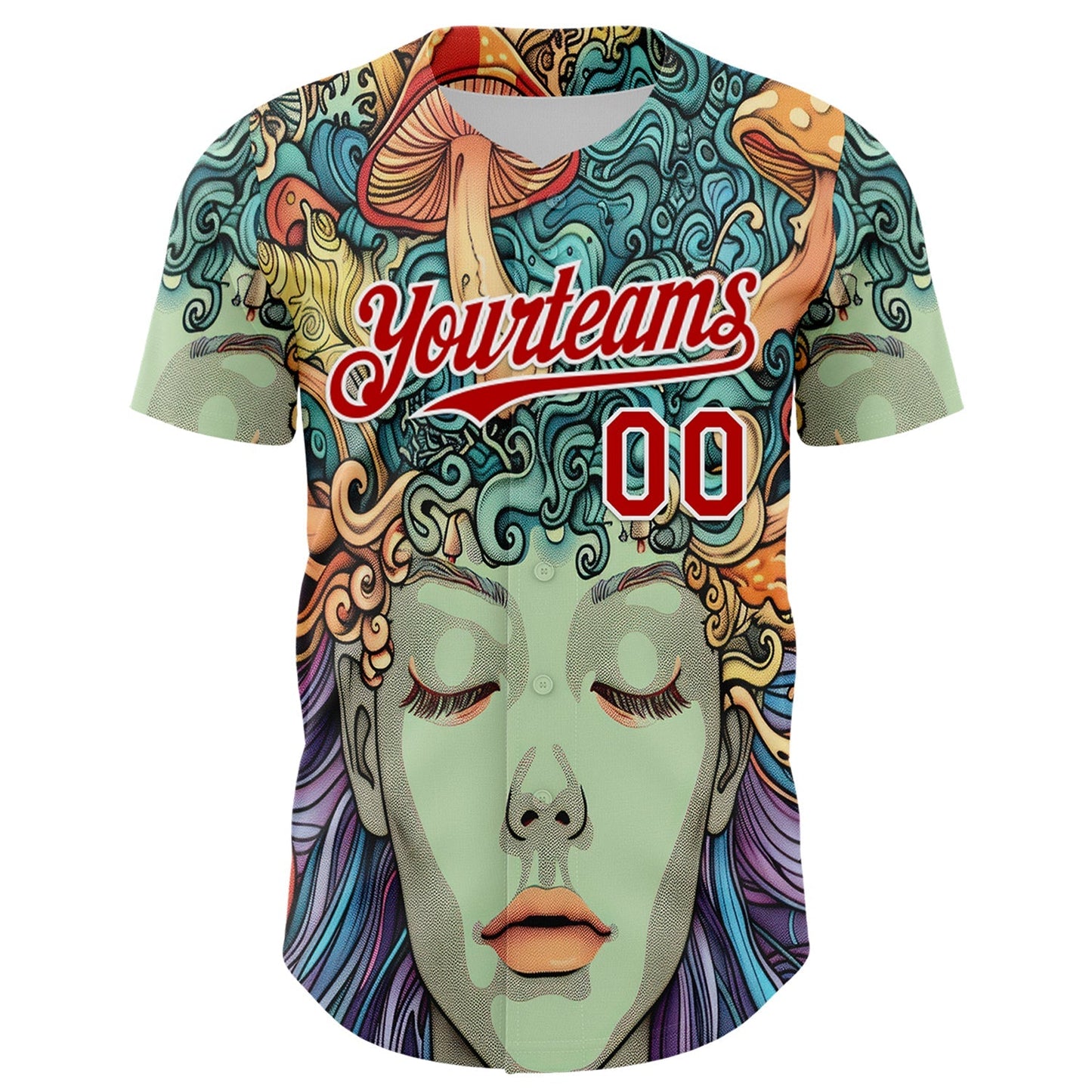 Custom Green Red-White 3D Pattern Design Rave Party Trippy Magic Mushroom Authentic Baseball Jersey baseball jersey product view 2