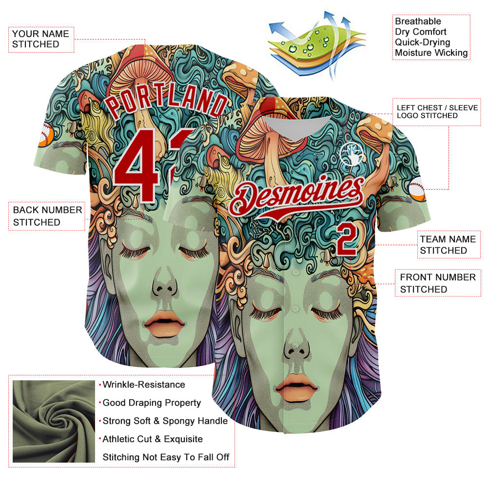Custom Green Red-White 3D Pattern Design Rave Party Trippy Magic Mushroom Authentic Baseball Jersey baseball jersey product view 3