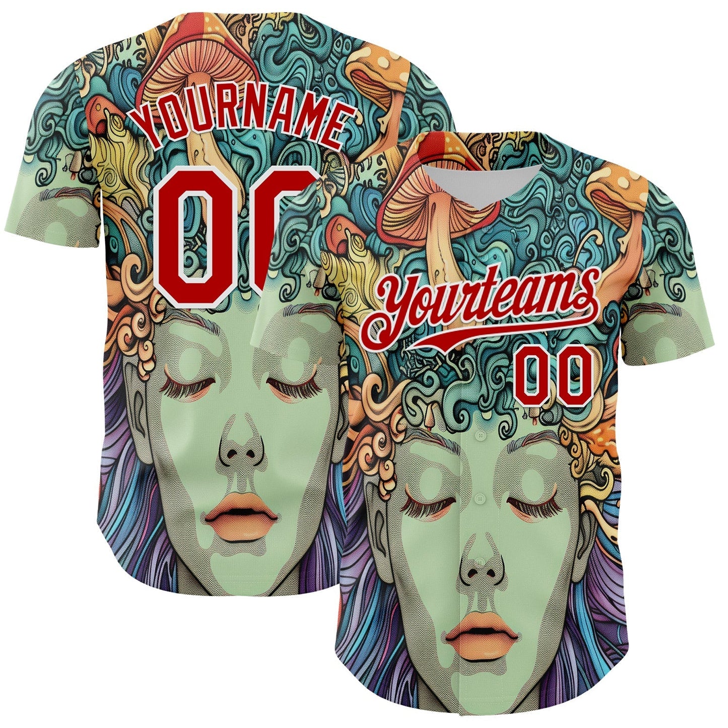 Custom Green Red-White 3D Pattern Design Rave Party Trippy Magic Mushroom Authentic Baseball Jersey baseball jersey product view 1
