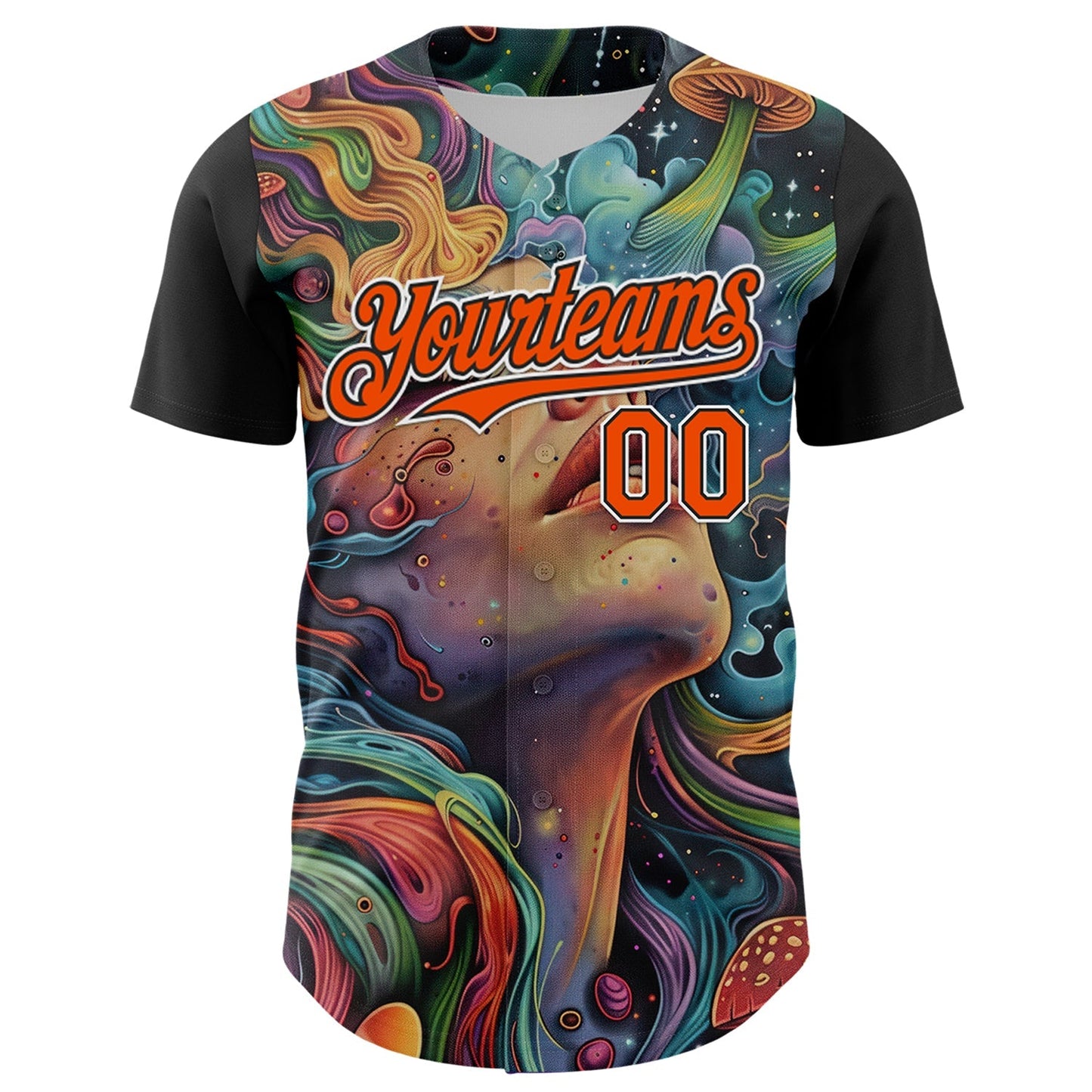 Custom Green Orange Black-White 3D Pattern Design Rave Party Trippy Magic Mushroom Authentic Baseball Jersey baseball jersey product view 2