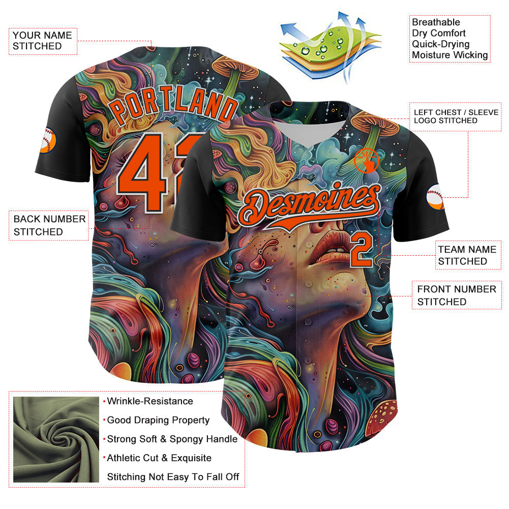 Custom Green Orange Black-White 3D Pattern Design Rave Party Trippy Magic Mushroom Authentic Baseball Jersey baseball jersey product view 3