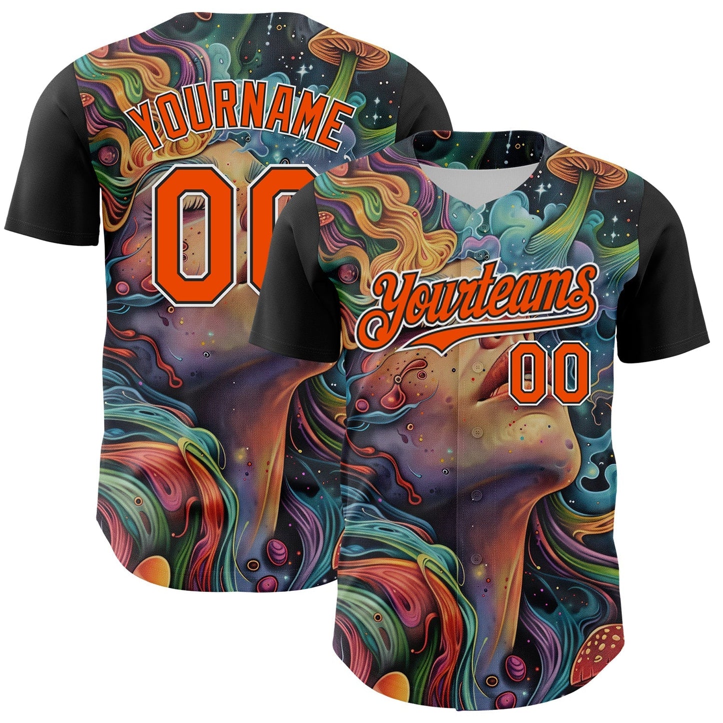 Custom Green Orange Black-White 3D Pattern Design Rave Party Trippy Magic Mushroom Authentic Baseball Jersey baseball jersey product view 1