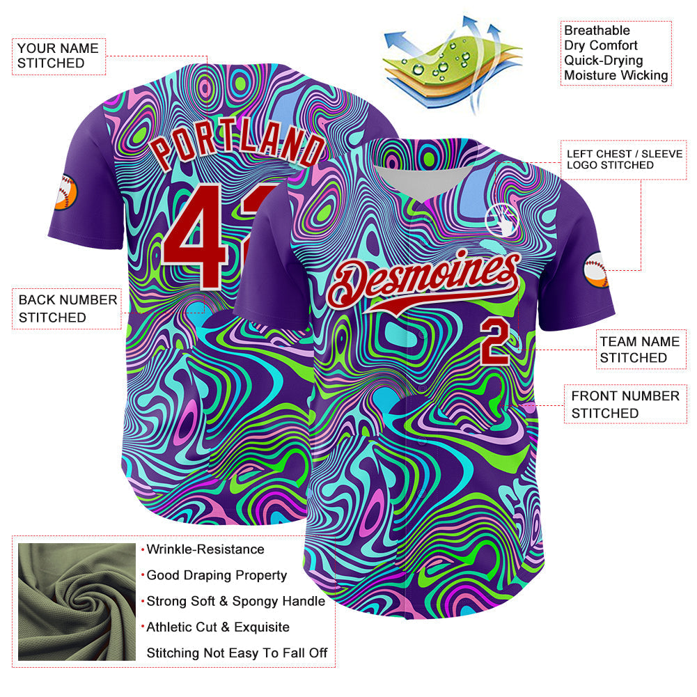 Custom Purple Red-White 3D Pattern Design Rave Party Trippy Laser Fluid Authentic Baseball Jersey baseball jersey product view 3