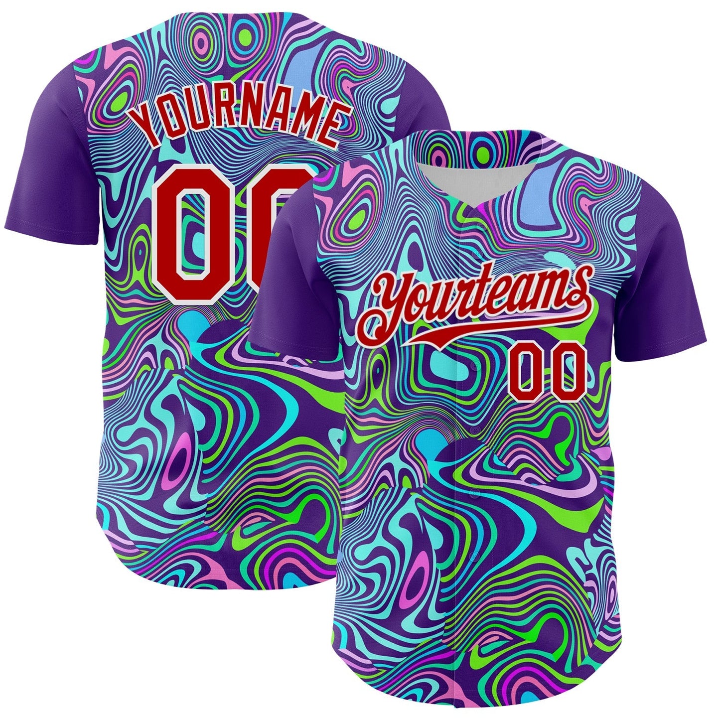Custom Purple Red-White 3D Pattern Design Rave Party Trippy Laser Fluid Authentic Baseball Jersey baseball jersey product view 1