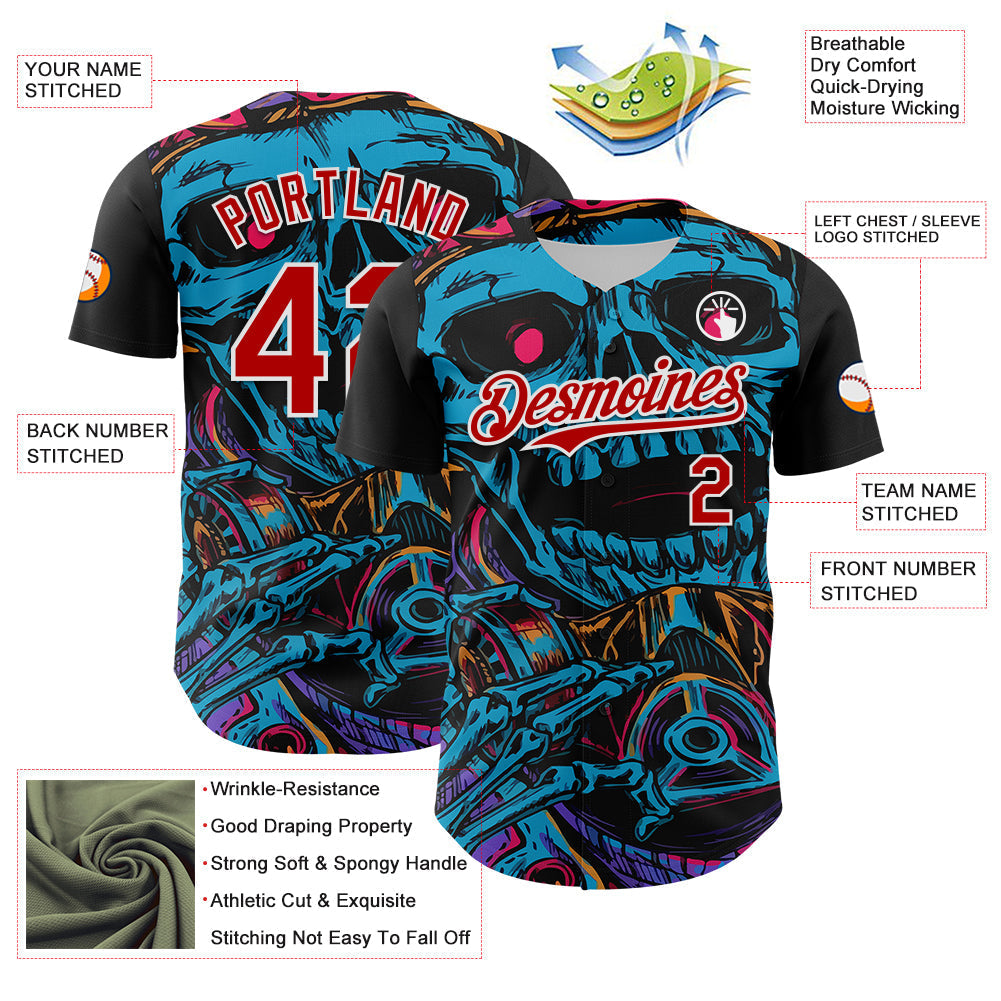 Custom Black Red-White 3D Pattern Design Burner Costumes Horror Skull Authentic Baseball Jersey baseball jersey product view 3