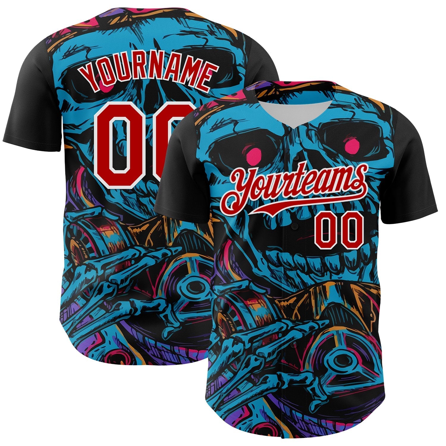 Custom Black Red-White 3D Pattern Design Burner Costumes Horror Skull Authentic Baseball Jersey baseball jersey product view 1