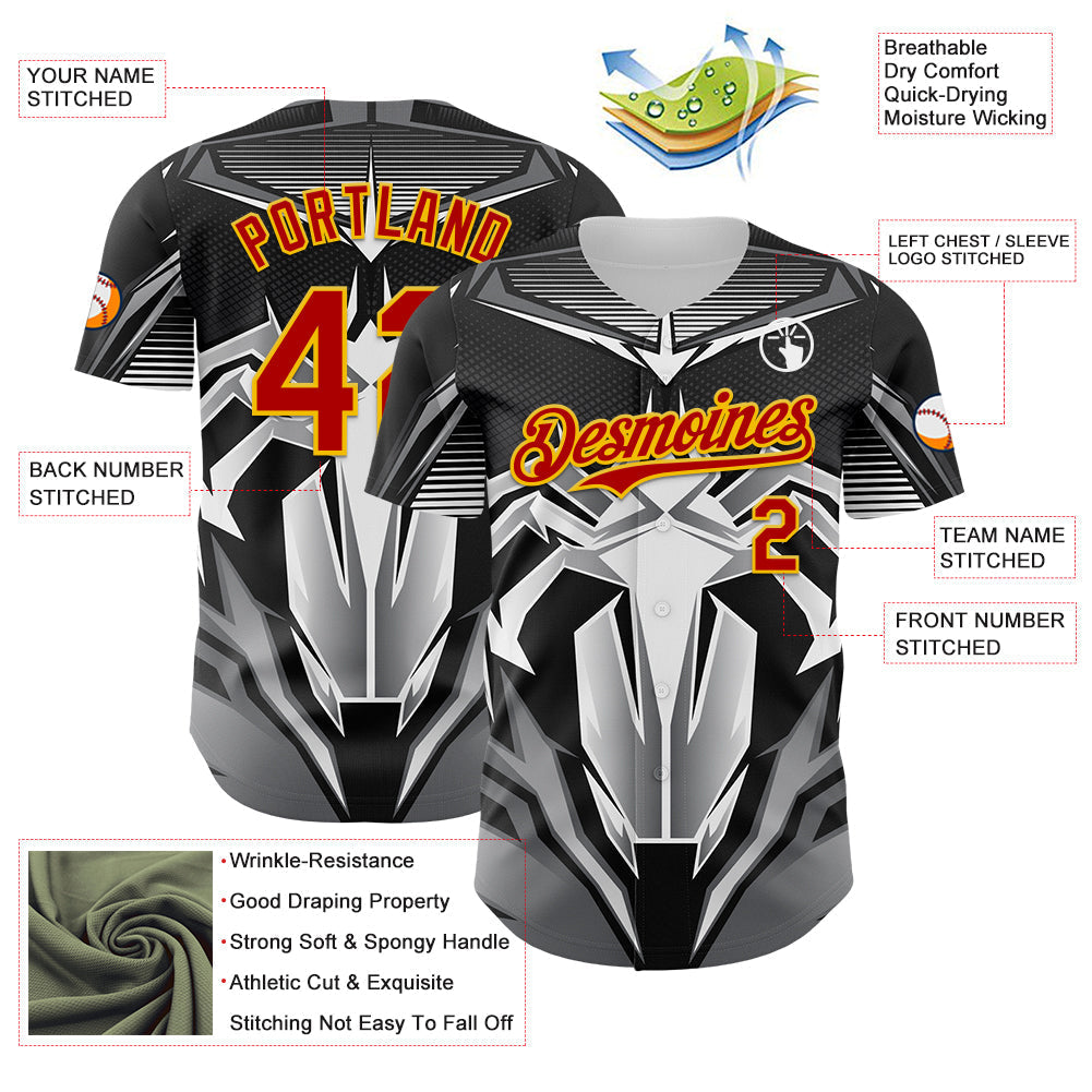 Custom Black Red-Yellow 3D Pattern Design Burner Costumes Mecha Authentic Baseball Jersey baseball jersey product view 3
