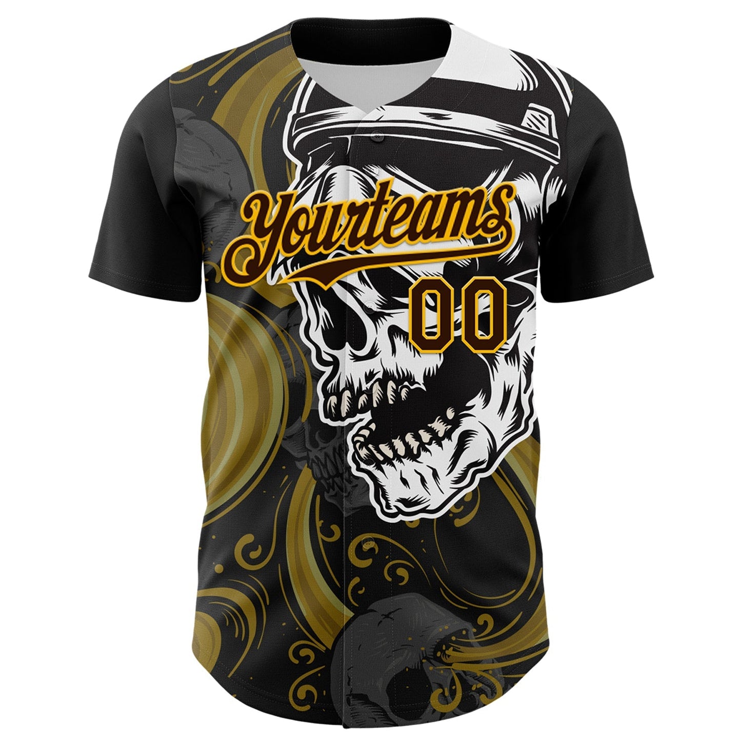 Custom Black Brown Yellow-White 3D Pattern Design Burner Costumes Skull Authentic Baseball Jersey baseball jersey product view 2