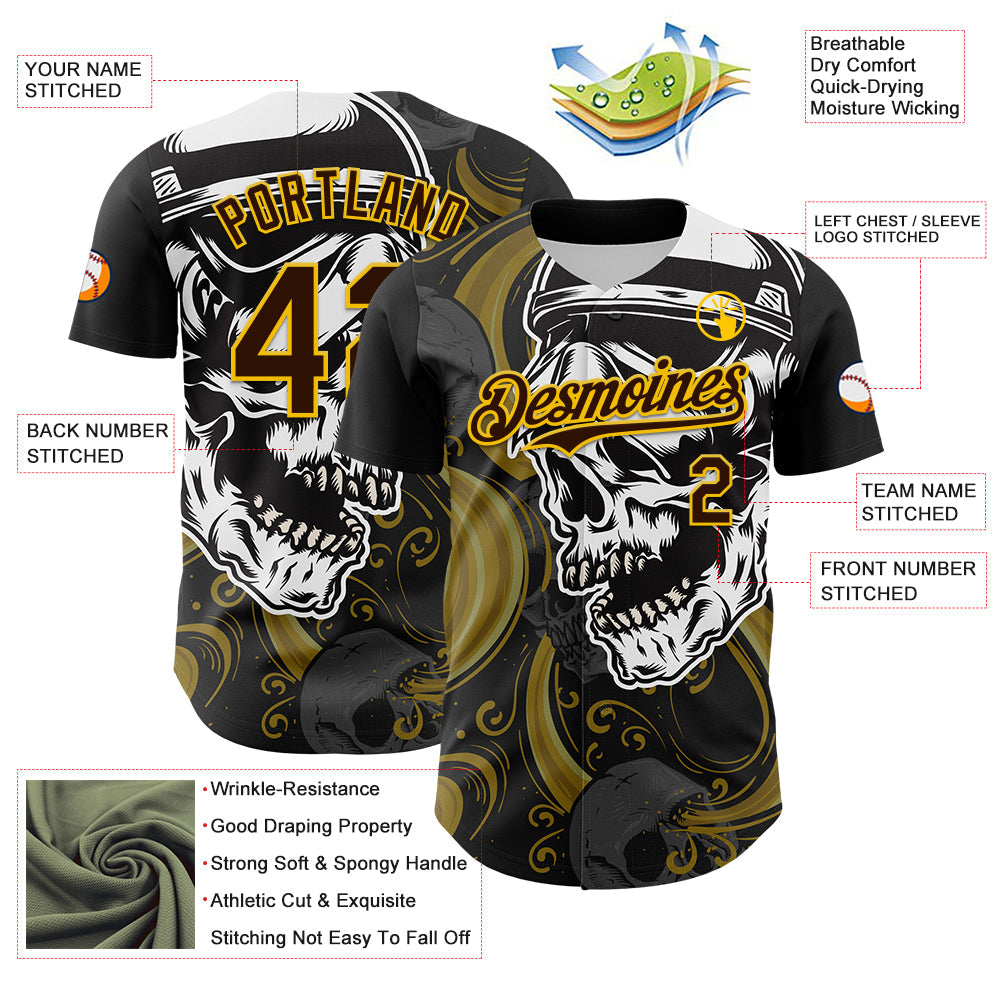 Custom Black Brown Yellow-White 3D Pattern Design Burner Costumes Skull Authentic Baseball Jersey baseball jersey product view 3