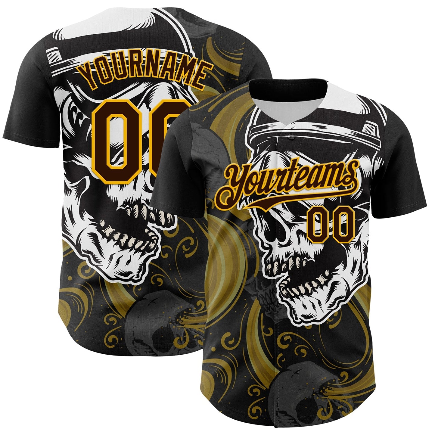 Custom Black Brown Yellow-White 3D Pattern Design Burner Costumes Skull Authentic Baseball Jersey baseball jersey product view 1