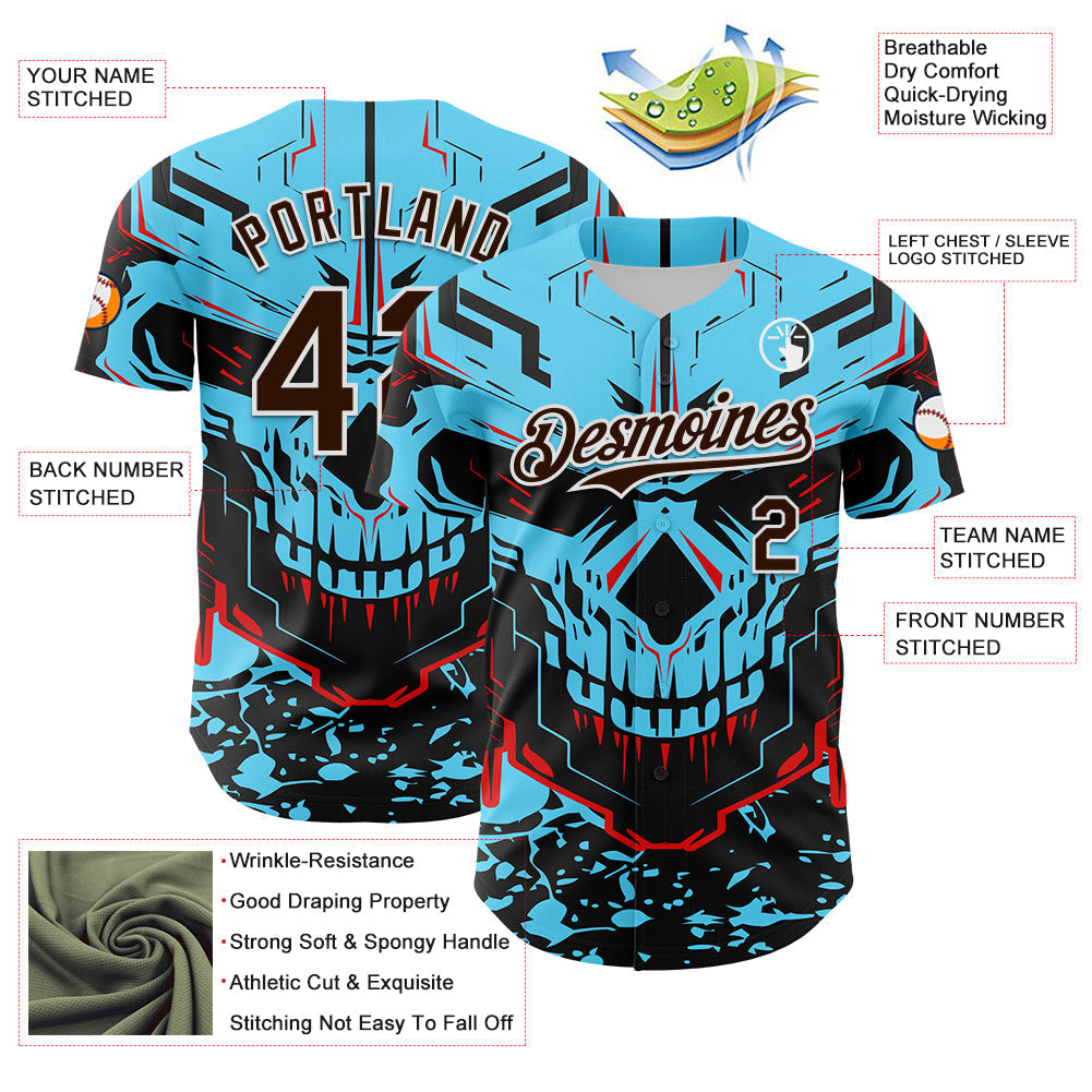 Custom Blue Brown-White 3D Pattern Design Burner Costumes Cyber Skull Authentic Baseball Jersey baseball jersey product view 3