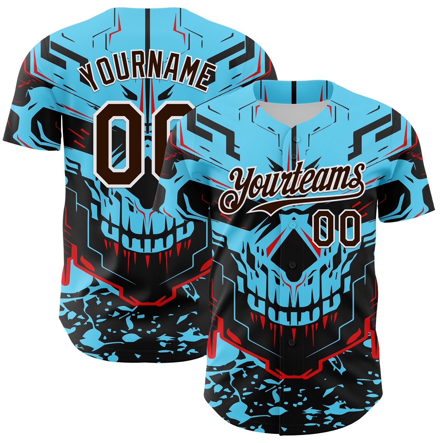 Custom Blue Brown-White 3D Pattern Design Burner Costumes Cyber Skull Authentic Baseball Jersey baseball jersey product view 1