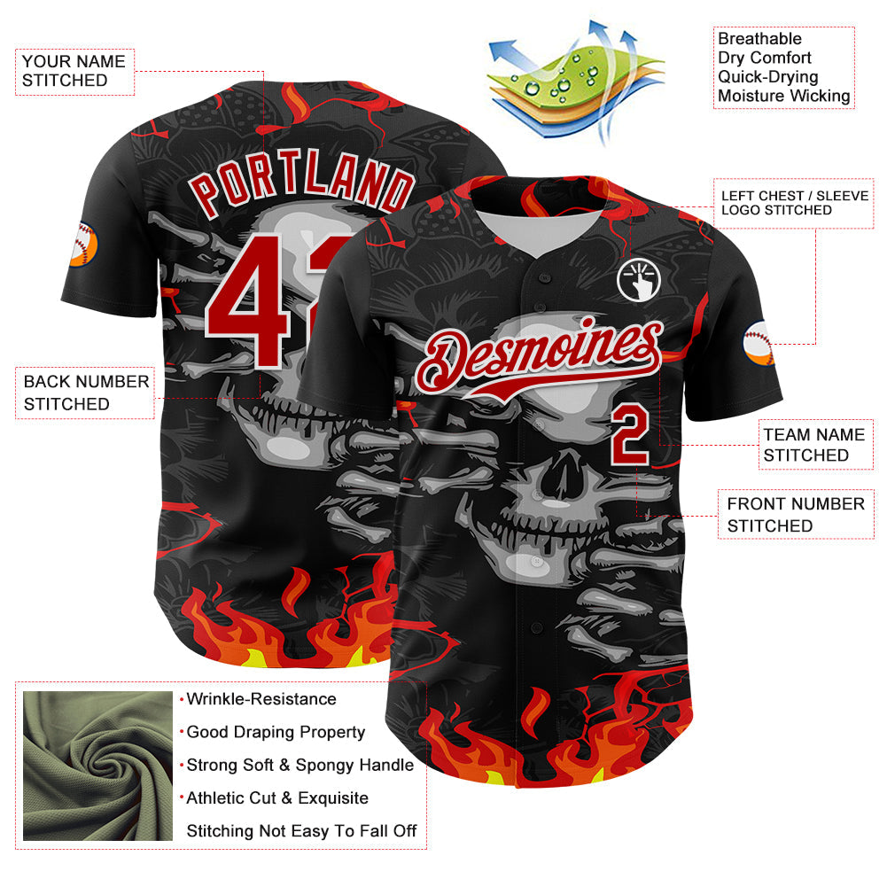 Custom Black Red-White 3D Pattern Design Burner Costumes Hellfire Skull Authentic Baseball Jersey baseball jersey product view 3