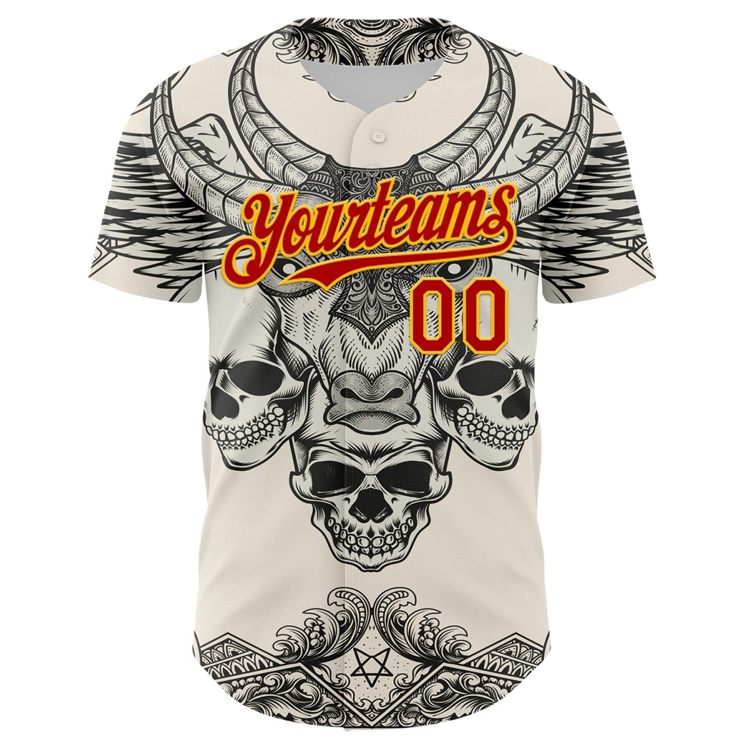 Custom Cream Red-Yellow 3D Pattern Design Burner Costumes Hell Skull Authentic Baseball Jersey baseball jersey product view 2