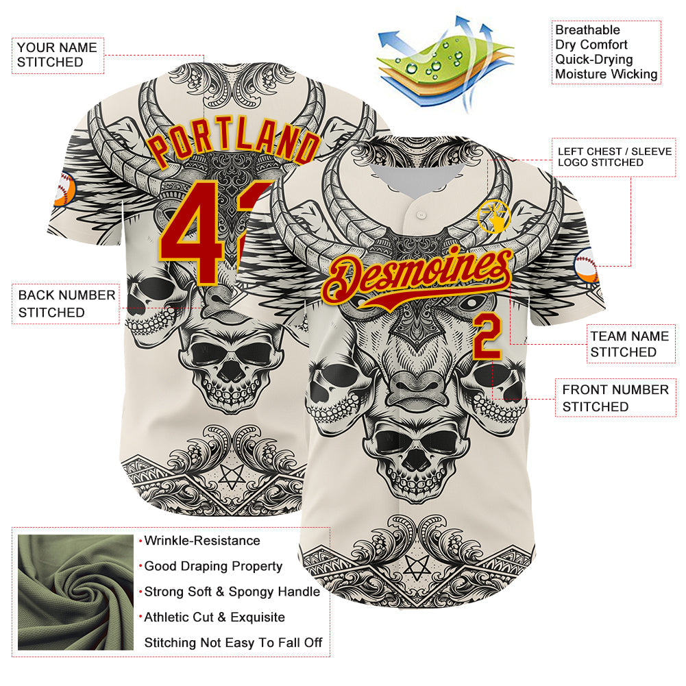Custom Cream Red-Yellow 3D Pattern Design Burner Costumes Hell Skull Authentic Baseball Jersey baseball jersey product view 3