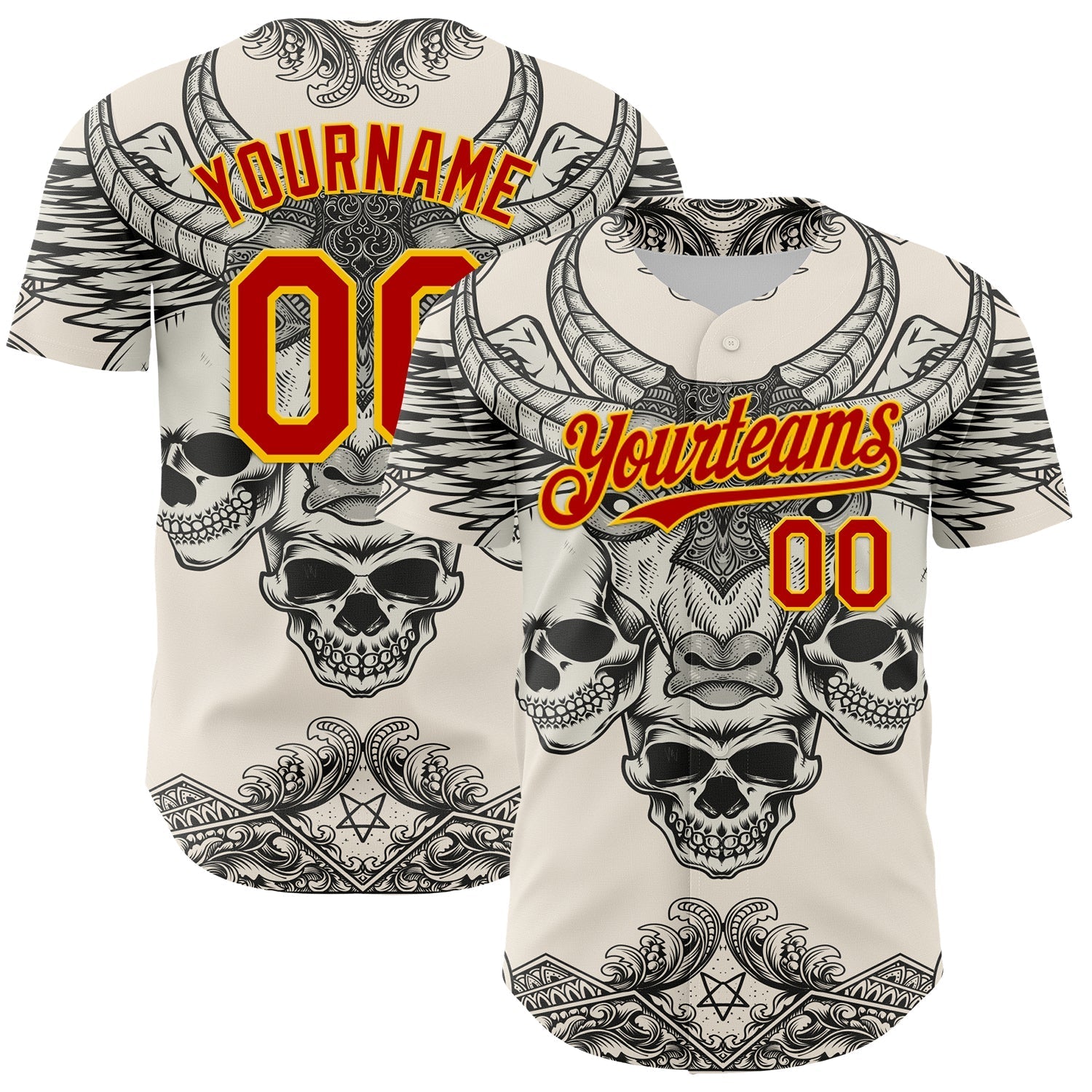 Custom Cream Red-Yellow 3D Pattern Design Burner Costumes Hell Skull Authentic Baseball Jersey baseball jersey product view 1