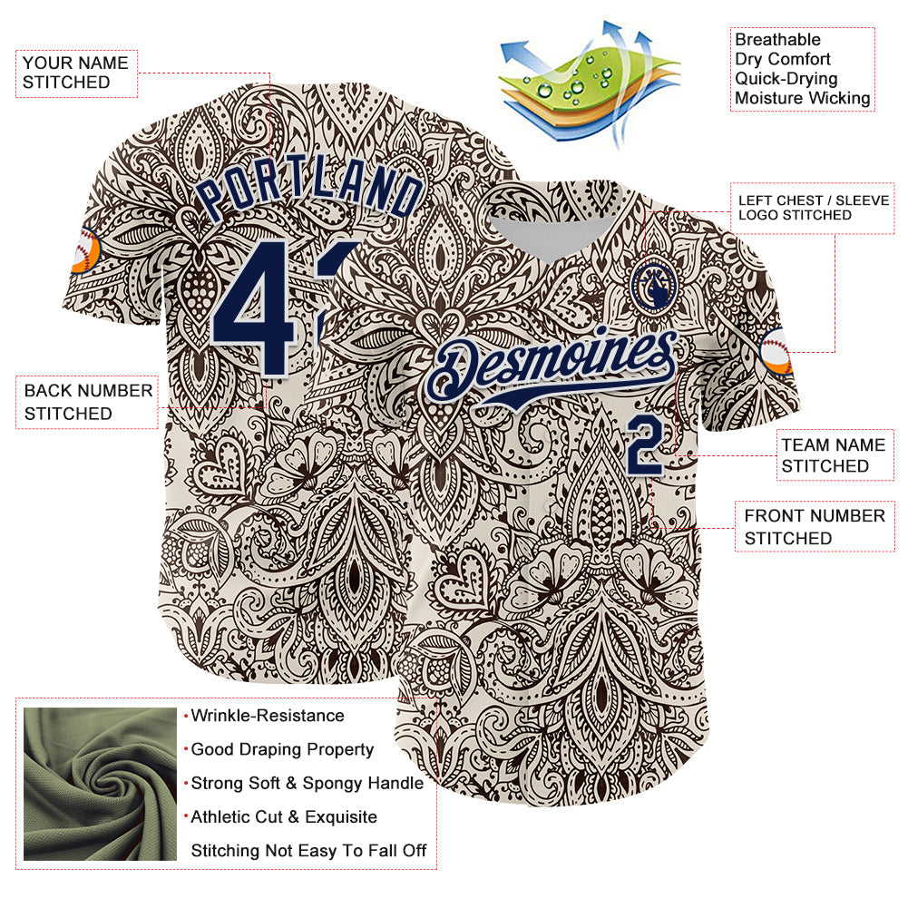 Custom Cream Navy-White 3D Pattern Design Burner Costumes Paisley Bandana Authentic Baseball Jersey baseball jersey product view 3