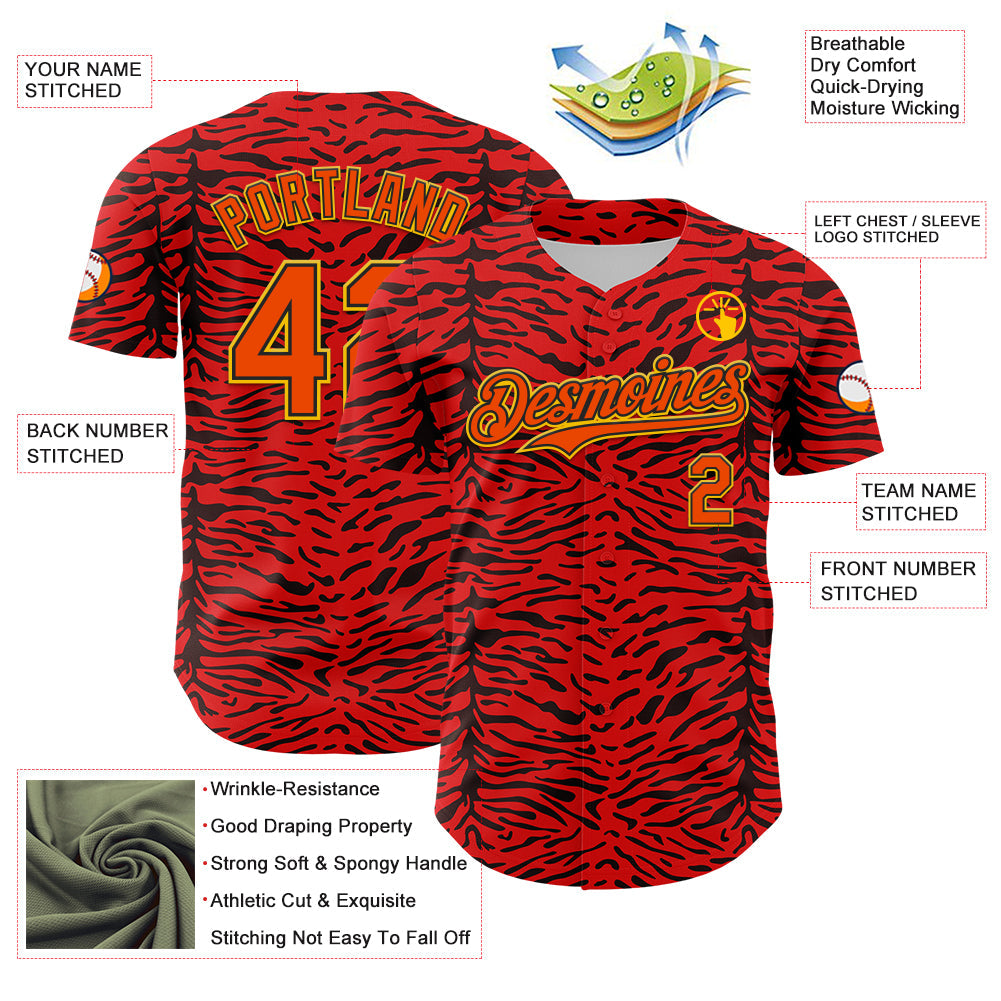 Custom Red Orange Black-Yellow 3D Pattern Design Burner Costumes Animal Tiger Print Authentic Baseball Jersey baseball jersey product view 3
