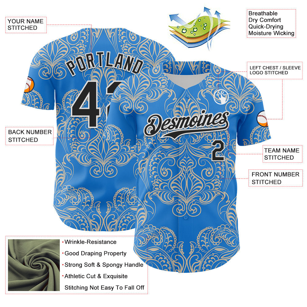 Custom Electric Blue Black-White 3D Pattern Design Burner Costumes Paisley Bandana Authentic Baseball Jersey baseball jersey product view 3