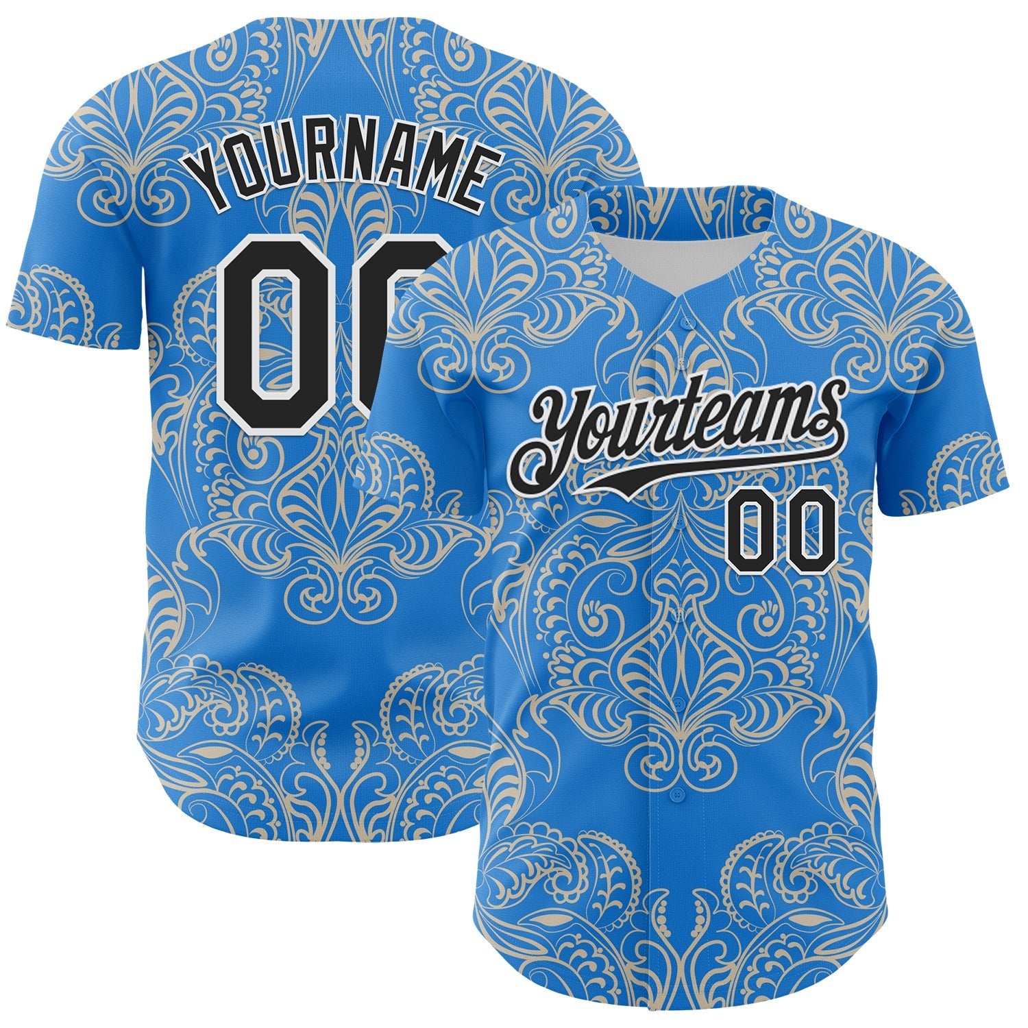 Custom Electric Blue Black-White 3D Pattern Design Burner Costumes Paisley Bandana Authentic Baseball Jersey baseball jersey product view 1