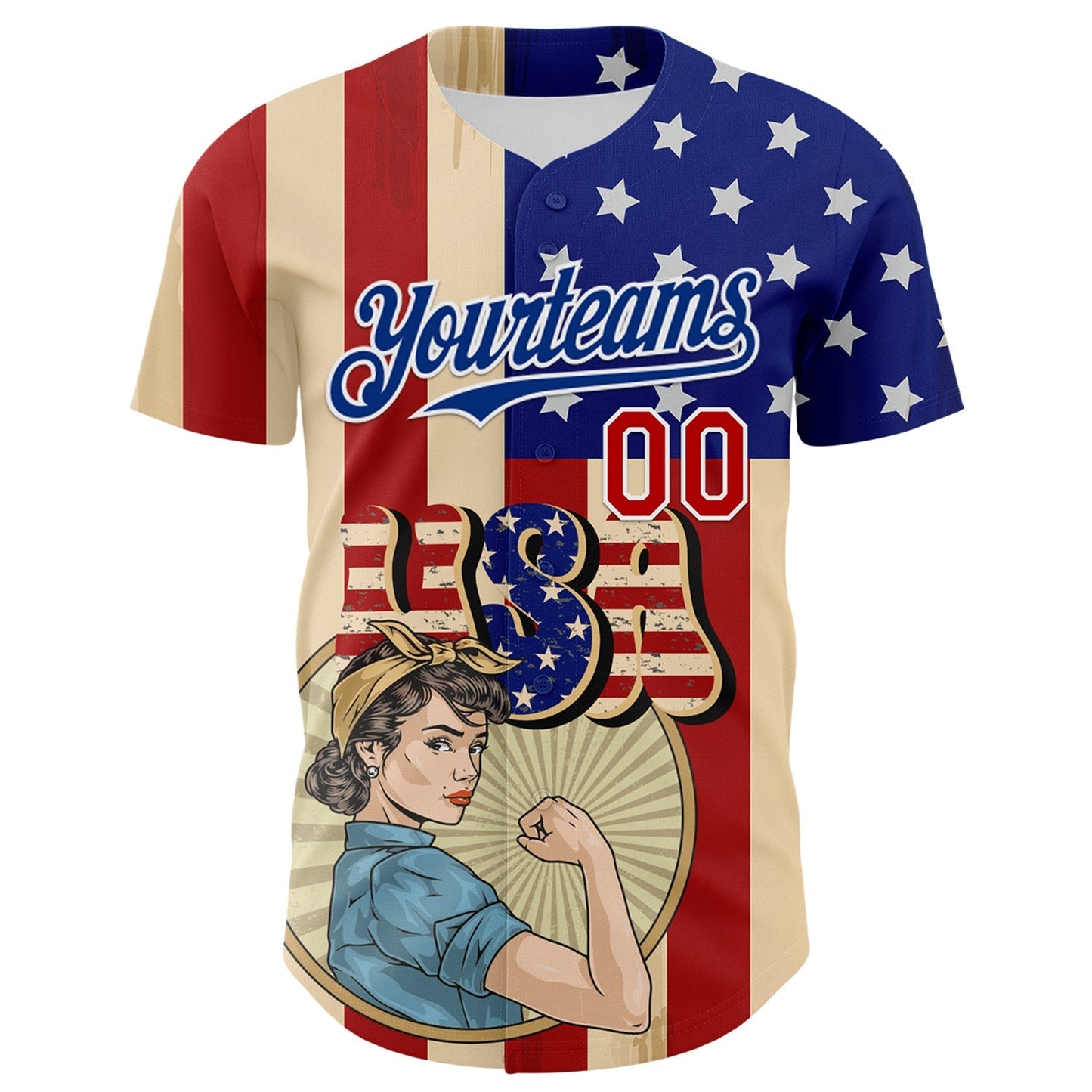Custom Cream Red Royal-White 3D Retro American Flag Authentic Baseball Jersey baseball jersey product view 2