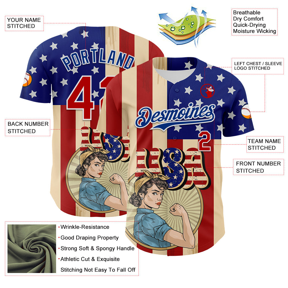 Custom Cream Red Royal-White 3D Retro American Flag Authentic Baseball Jersey baseball jersey product view 3