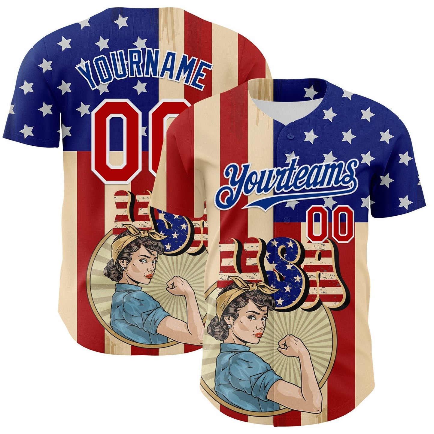 Custom Cream Red Royal-White 3D Retro American Flag Authentic Baseball Jersey baseball jersey product view 1