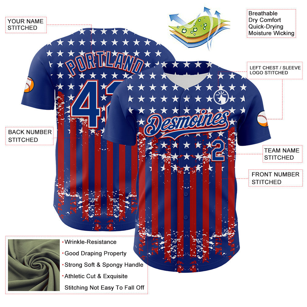 Custom Royal Red-White 3D Retro American Flag Authentic Baseball Jersey baseball jersey product view 3
