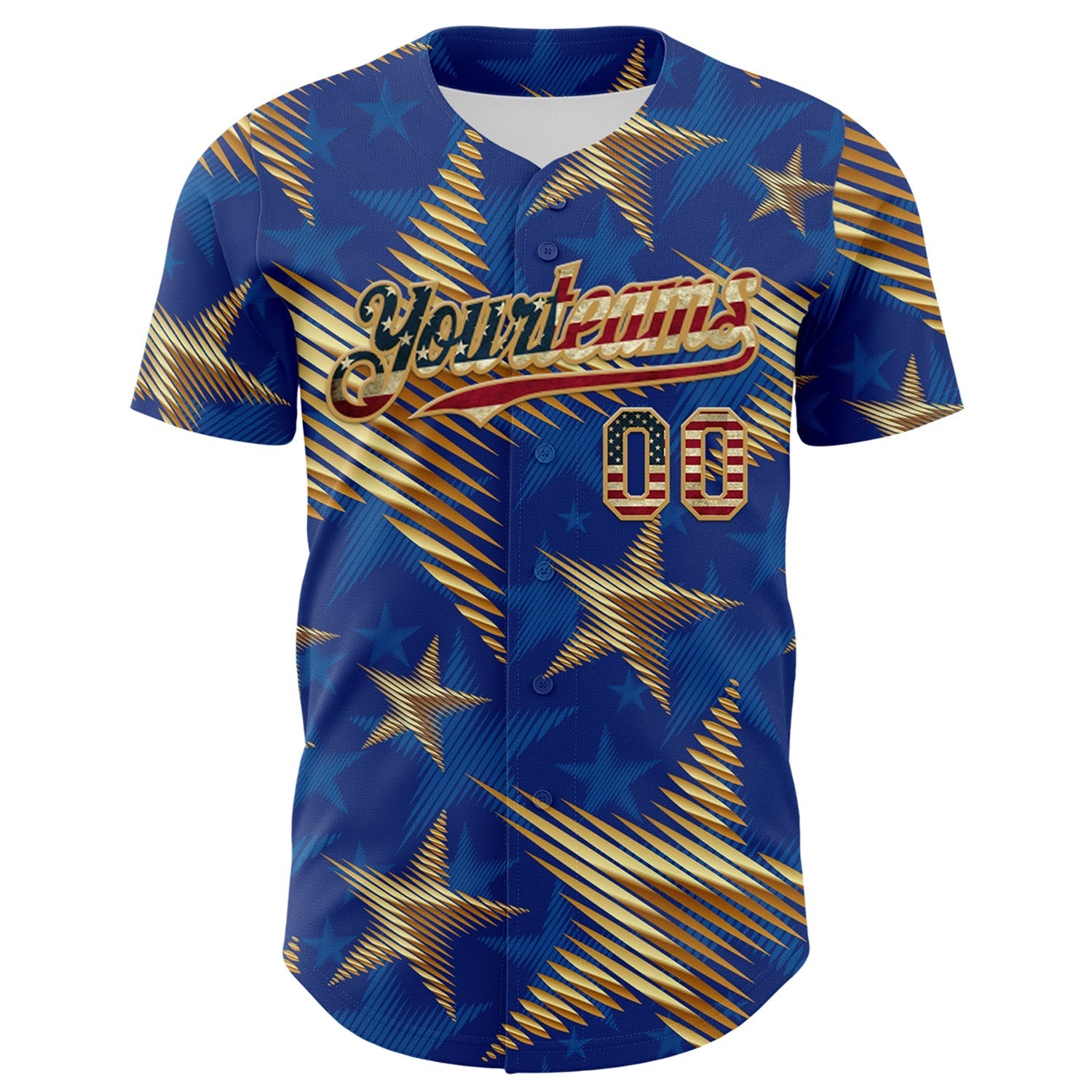 Custom Royal Vintage USA Flag Old Gold-Red 3D American Flag America-Inspired Stars Authentic Baseball Jersey baseball jersey product view 2