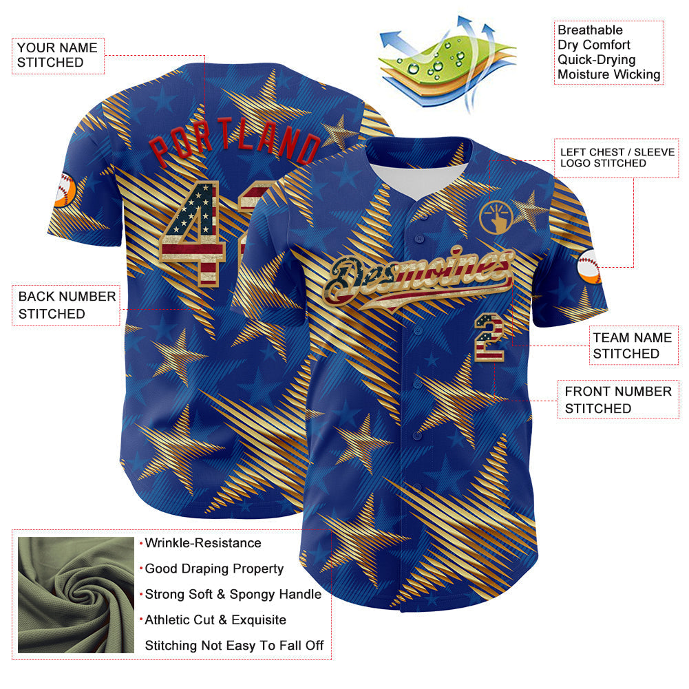 Custom Royal Vintage USA Flag Old Gold-Red 3D American Flag America-Inspired Stars Authentic Baseball Jersey baseball jersey product view 3