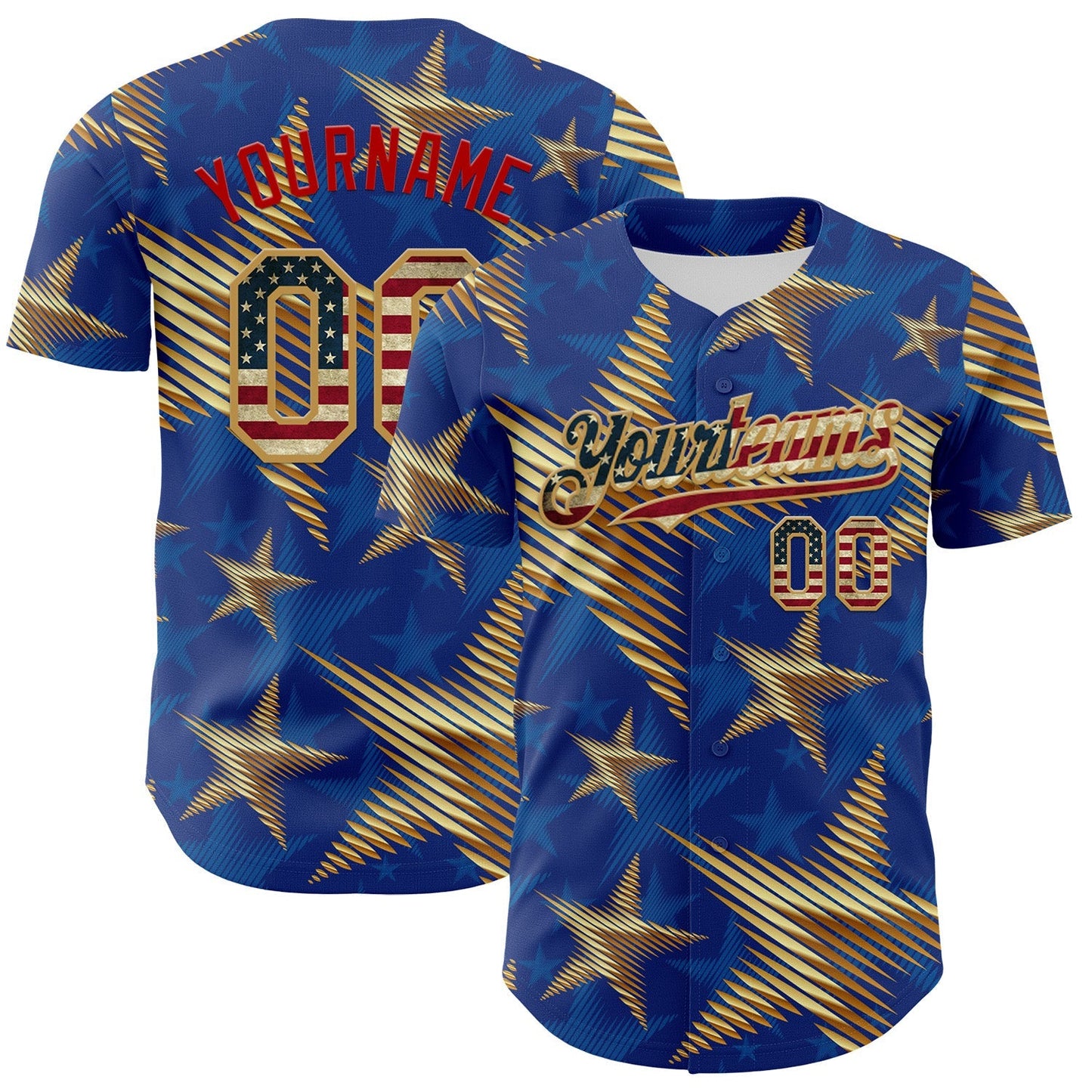 Custom Royal Vintage USA Flag Old Gold-Red 3D American Flag America-Inspired Stars Authentic Baseball Jersey baseball jersey product view 1