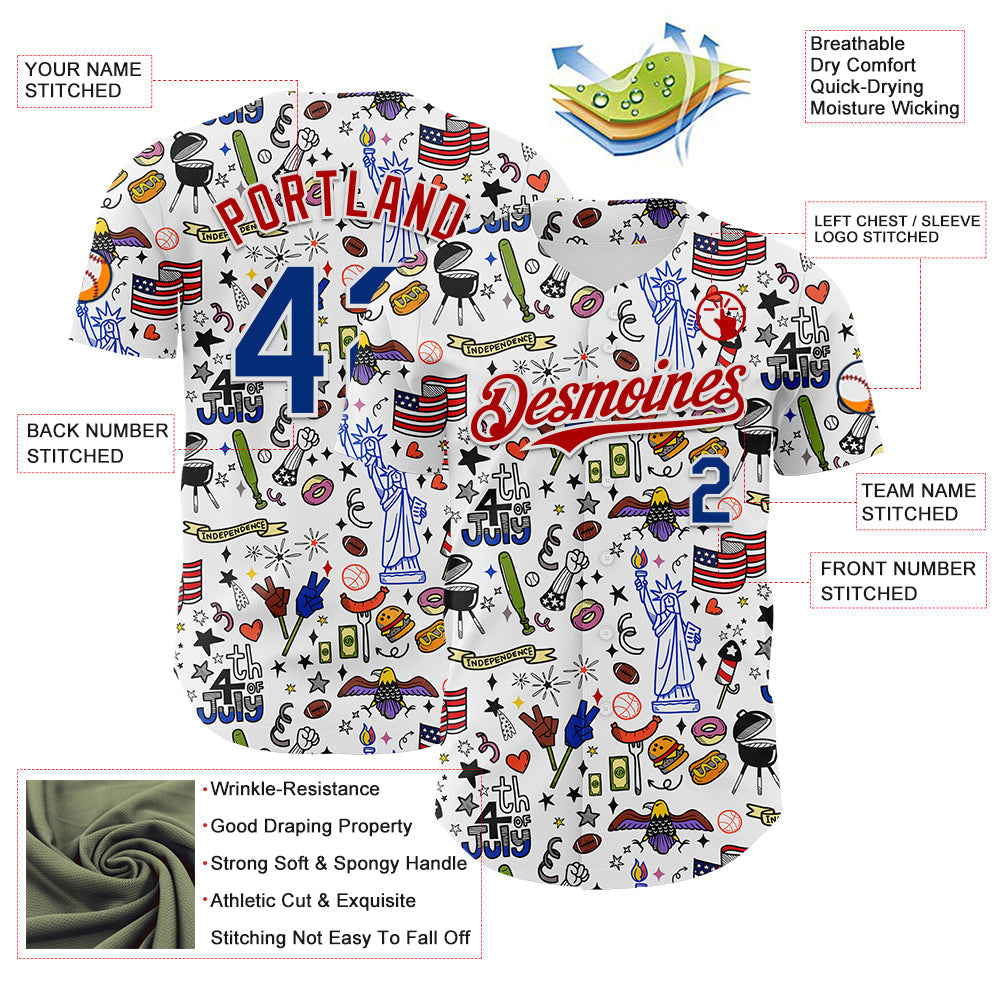 Custom White Royal-Red 3D American Flag Independence Day National Symbols Authentic Baseball Jersey baseball jersey product view 3