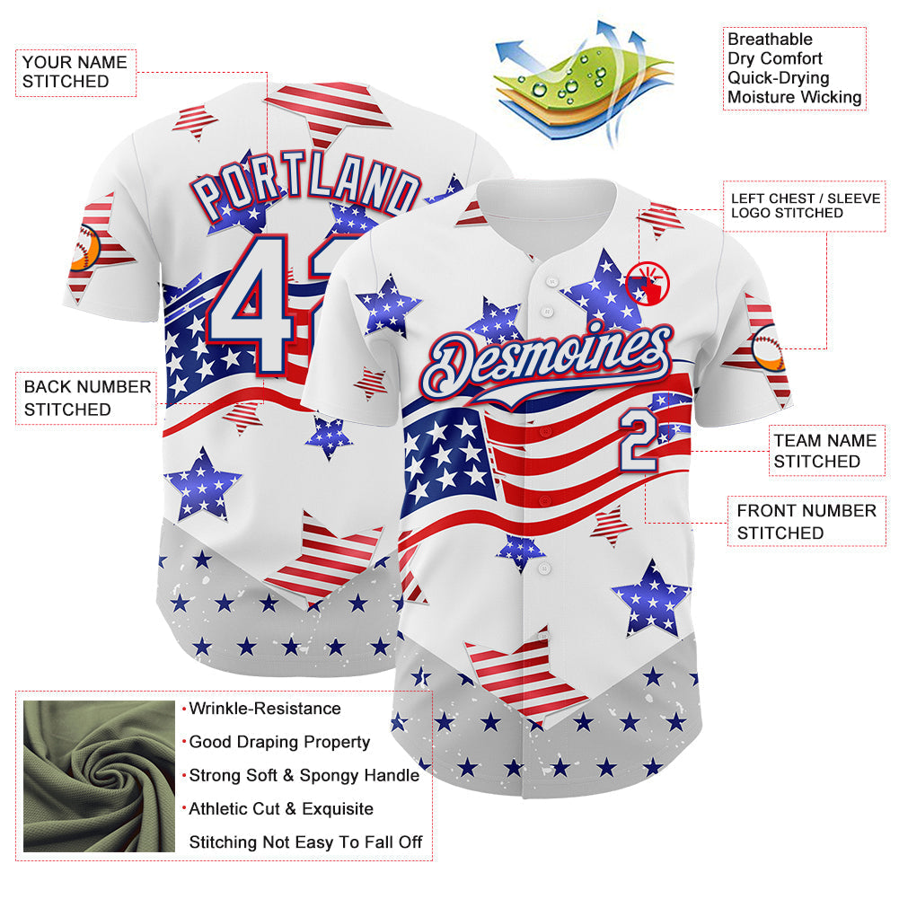Custom White Royal-Fire Red 3D American Flag Stars Authentic Baseball Jersey baseball jersey product view 3