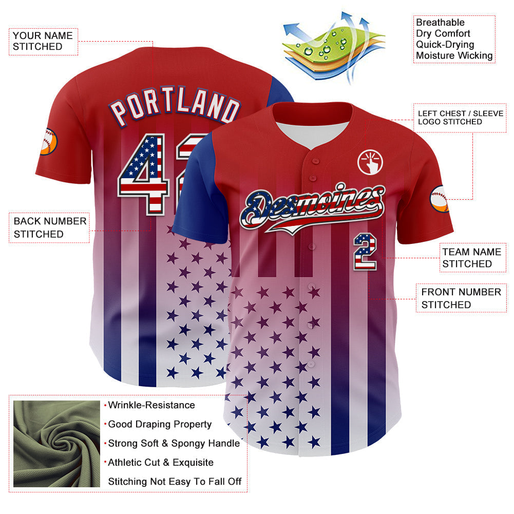 Custom Red USA Flag Royal Black-White 3D Gradient American Flag Authentic Baseball Jersey baseball jersey product view 3
