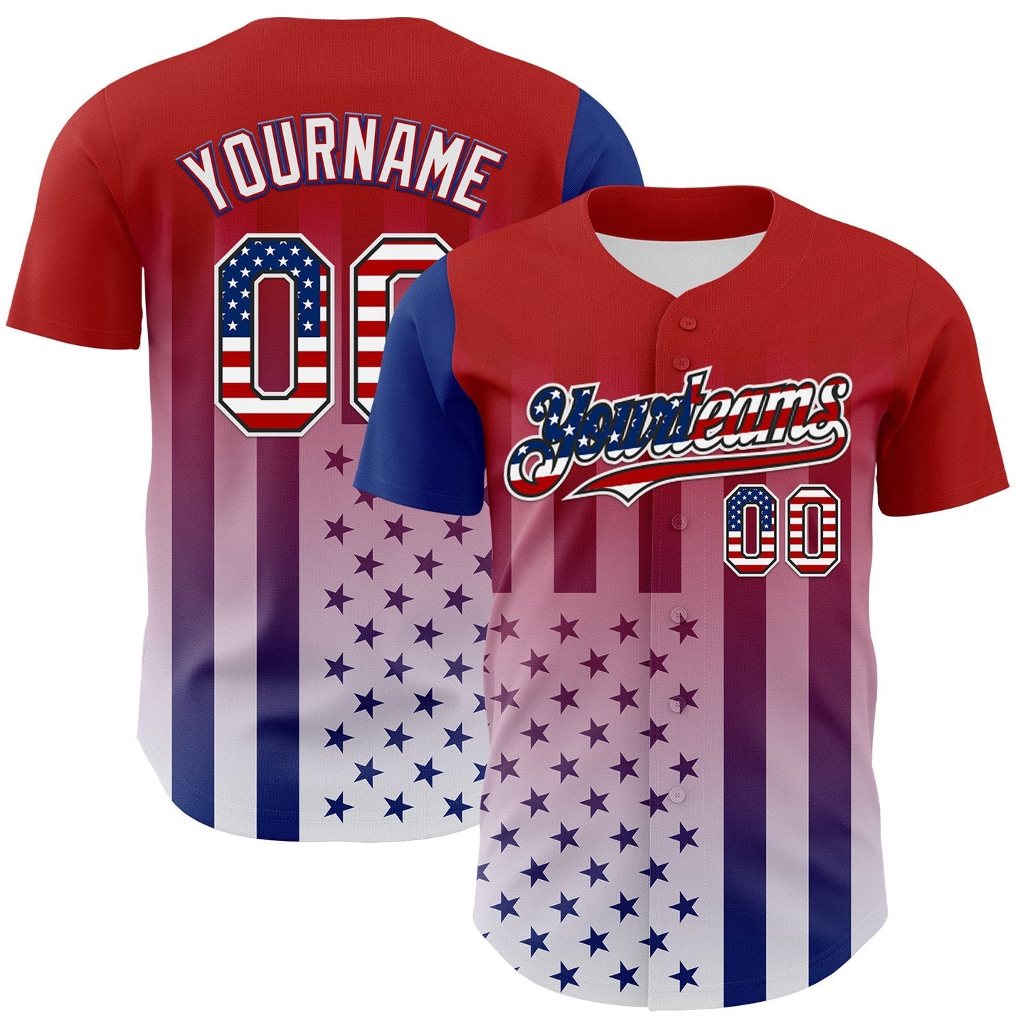 Custom Red USA Flag Royal Black-White 3D Gradient American Flag Authentic Baseball Jersey baseball jersey product view 1
