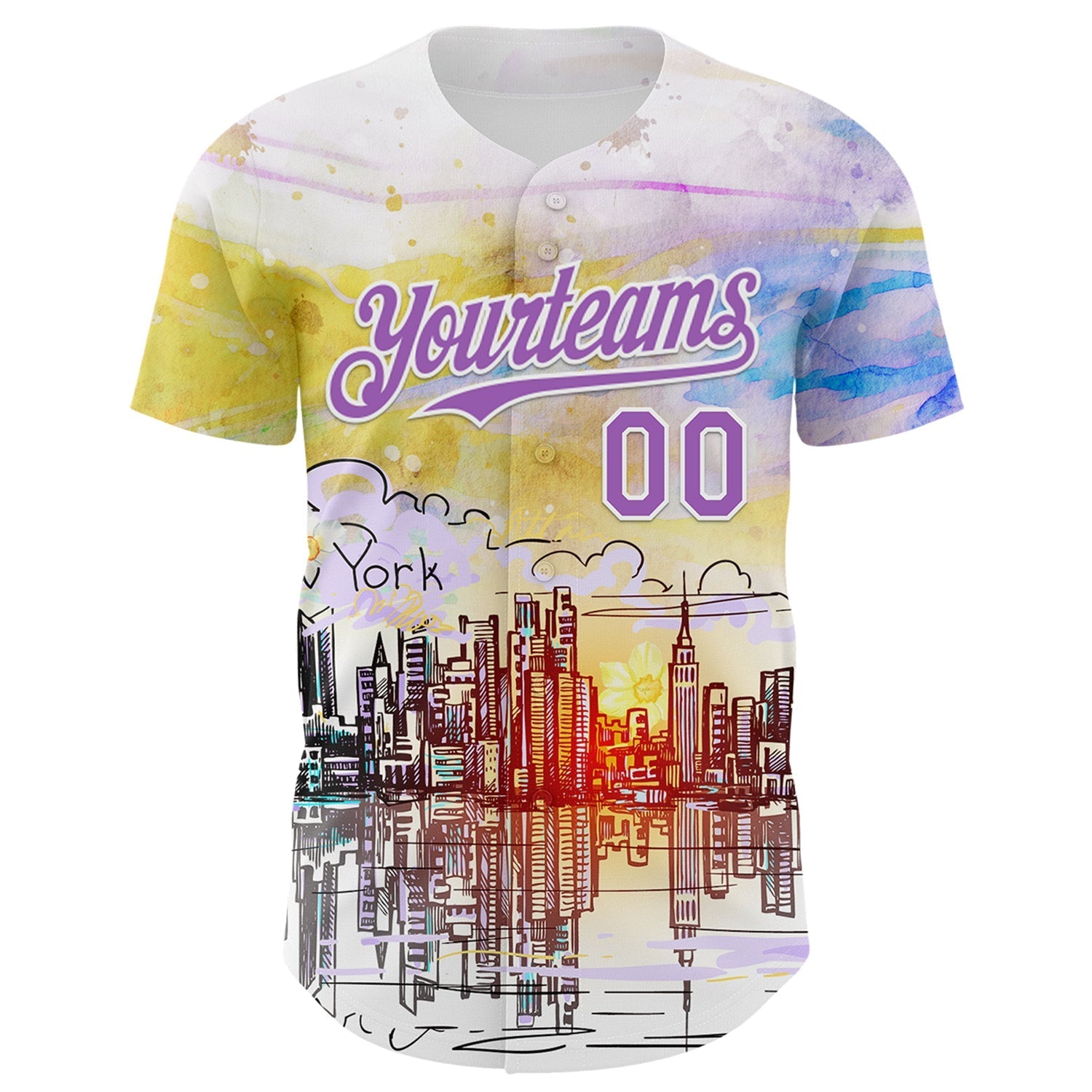 Custom White Medium Purple 3D Pattern Design New York Cityscape Sunrise Authentic Baseball Jersey baseball jersey product view 2