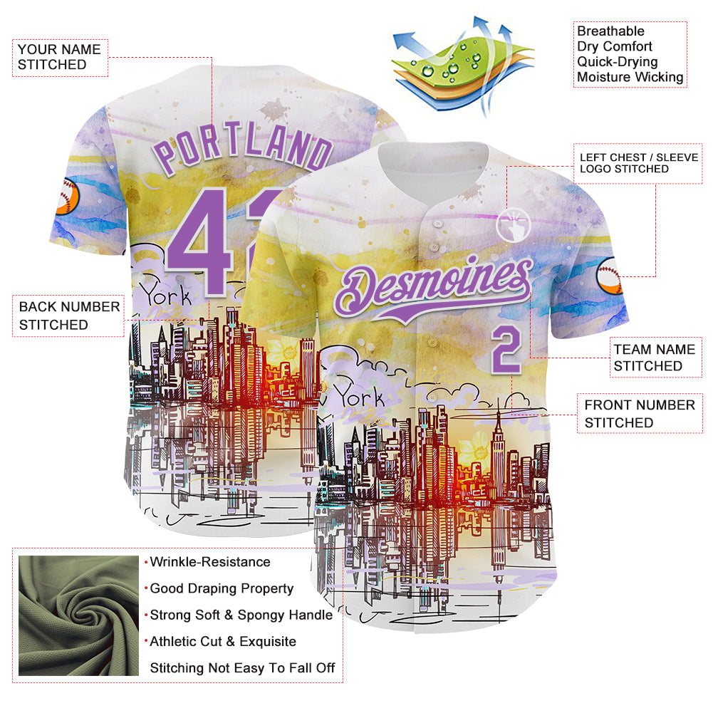 Custom White Medium Purple 3D Pattern Design New York Cityscape Sunrise Authentic Baseball Jersey baseball jersey product view 3