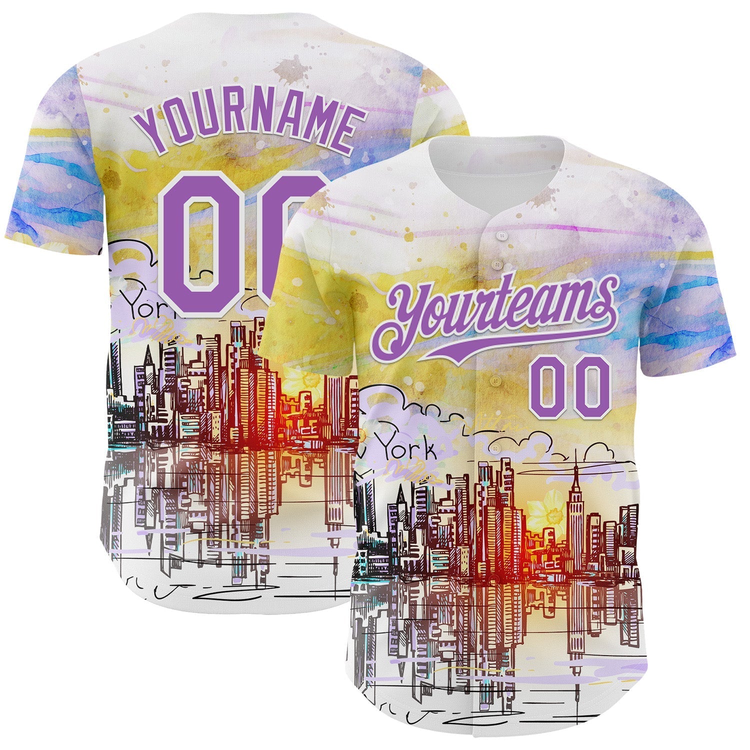 Custom White Medium Purple 3D Pattern Design New York Cityscape Sunrise Authentic Baseball Jersey baseball jersey product view 1