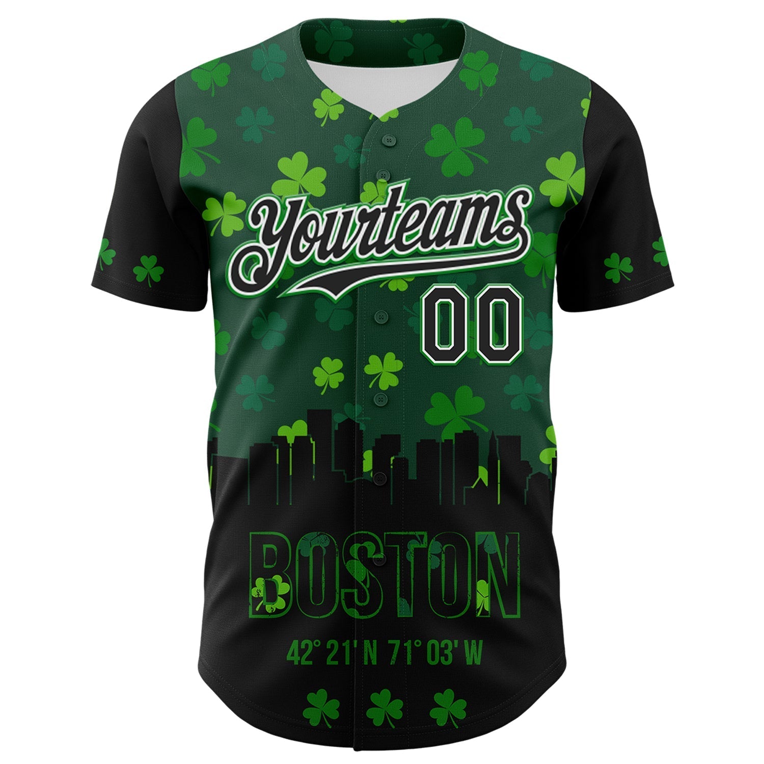 Custom Black White-Grass Green 3D Pattern Design Boston Cityscape Shamrock Authentic St. Patrick's Day Baseball Jersey baseball jersey product view 2